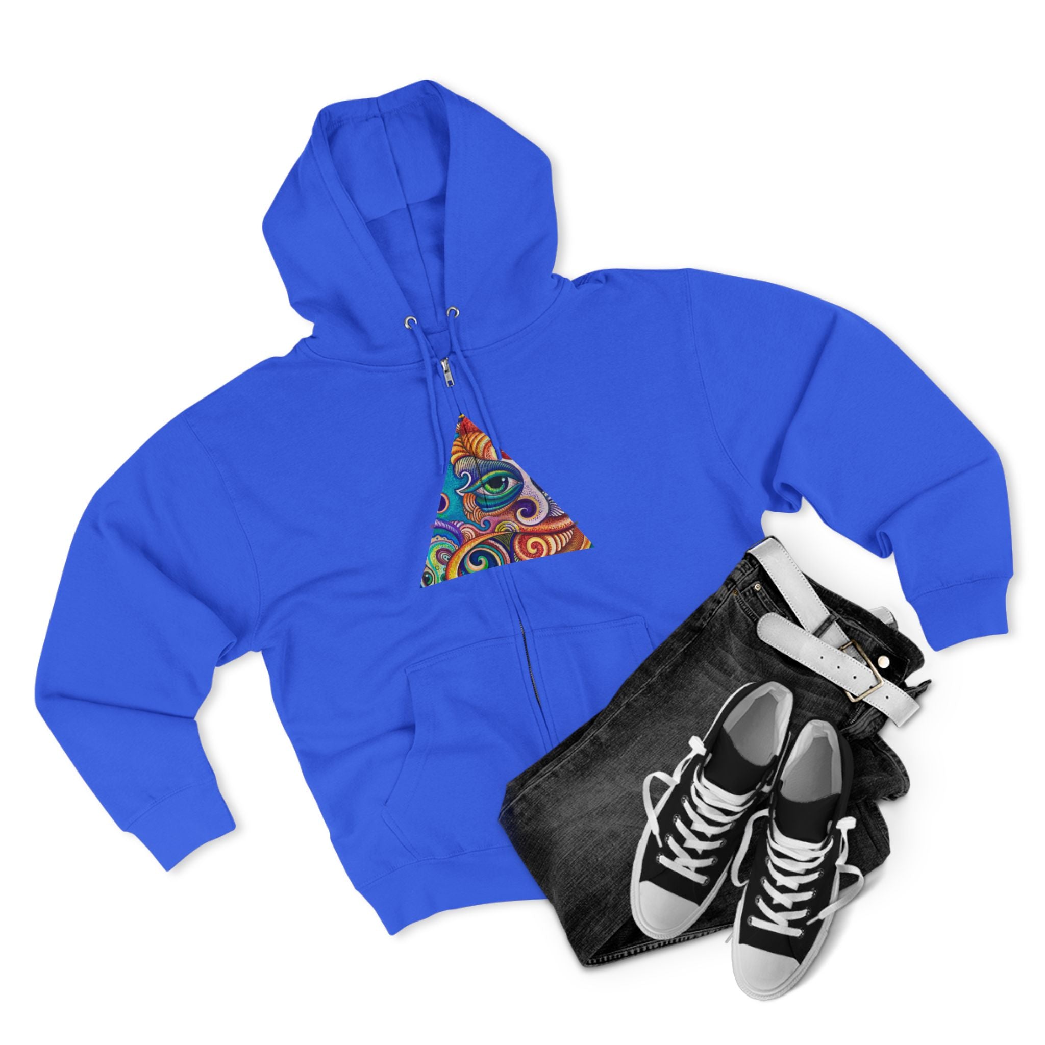 Zip Hoodie with Colorful Psychedelic Triangle & Mandala Back — Vibrant Abstract Art Zip-Up  #cp2680