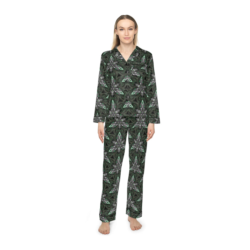 Satin Pajama Set — Green Floral Kaleidoscope Women's Sleepwear #gdc7643