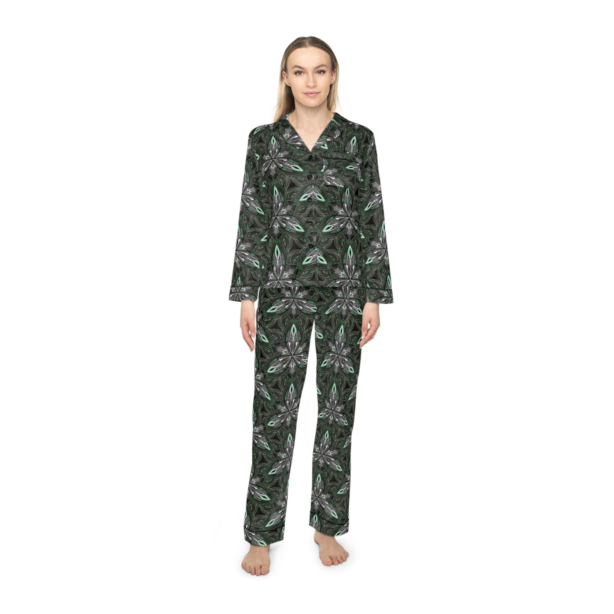 Satin Pajama Set — Green Floral Kaleidoscope Women's Sleepwear #gdc7643