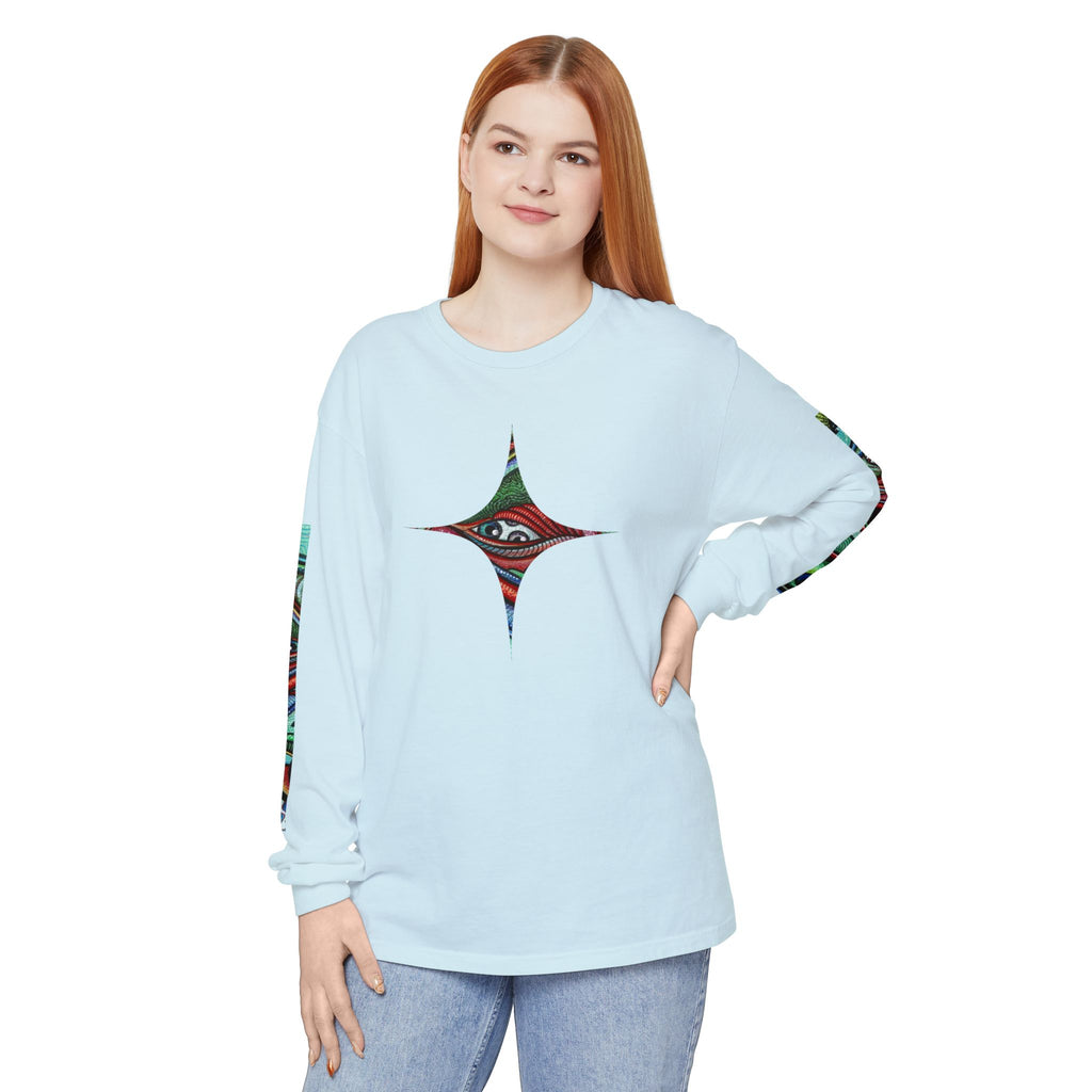 Psychedelic Starburst Long Sleeve Tee — Colorful Eye & Sleeve Stripe Design #k976344