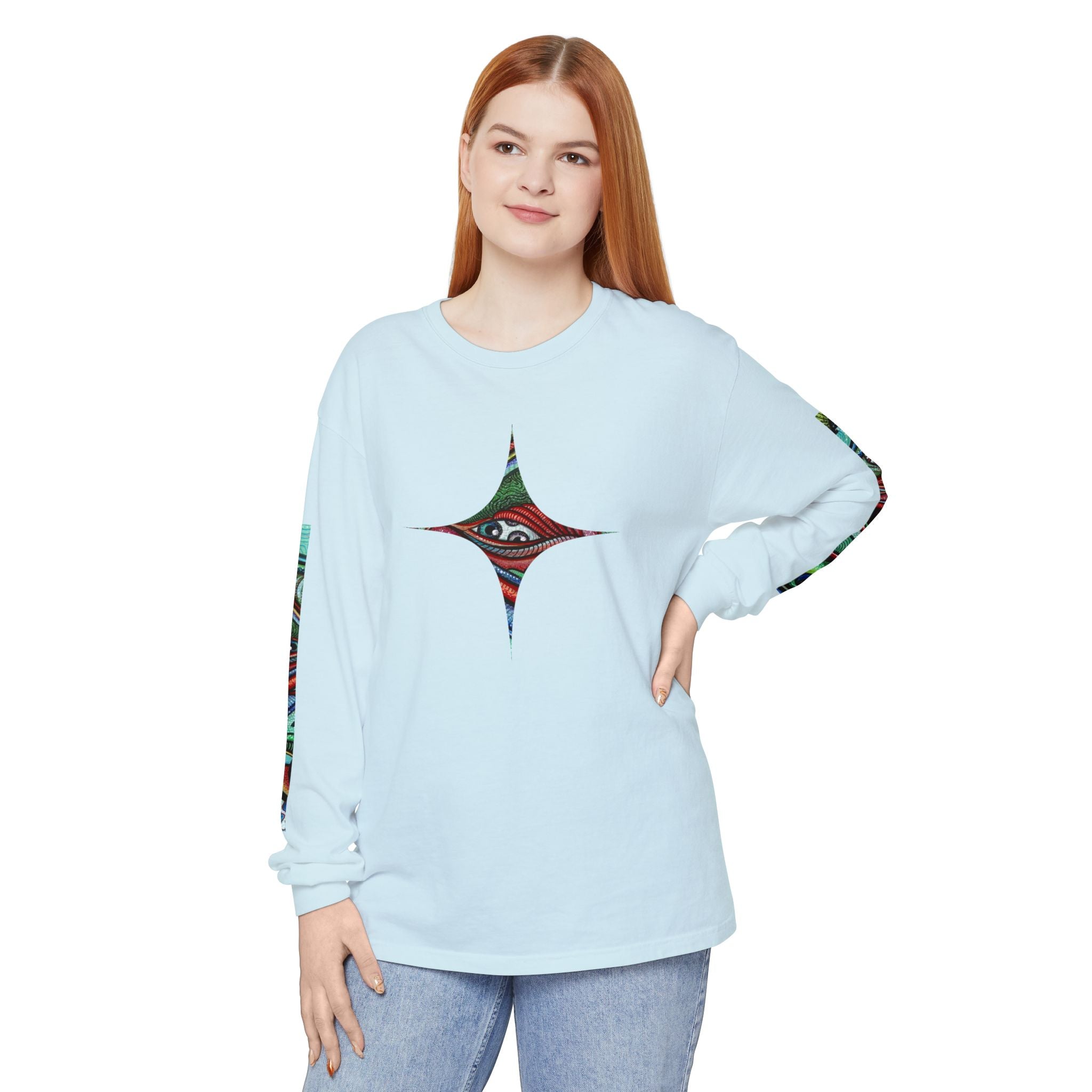 Psychedelic Starburst Long Sleeve Tee — Colorful Eye & Sleeve Stripe Design #k976344