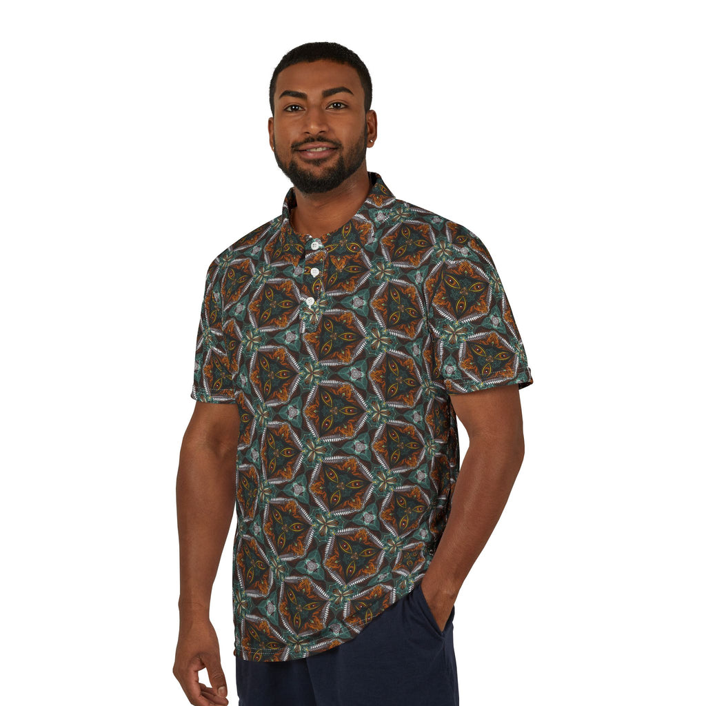 Men’s Floral Geometric Polo Shirt — Dark Vintage All-Over Print #ps1