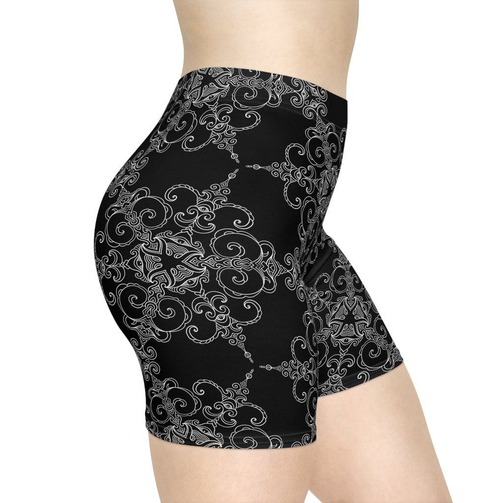 Mandala Lace Biker Shorts — Black Floral Kaleidoscope Women’s Activewear #g65467