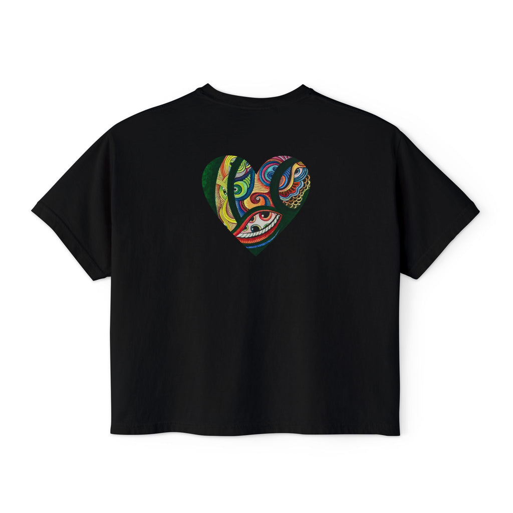 Women's Boxy Tee with Abstract Colorful Triangle (Front) & Heart (Back) Art — Casual Graphic Crop Top #hd9859