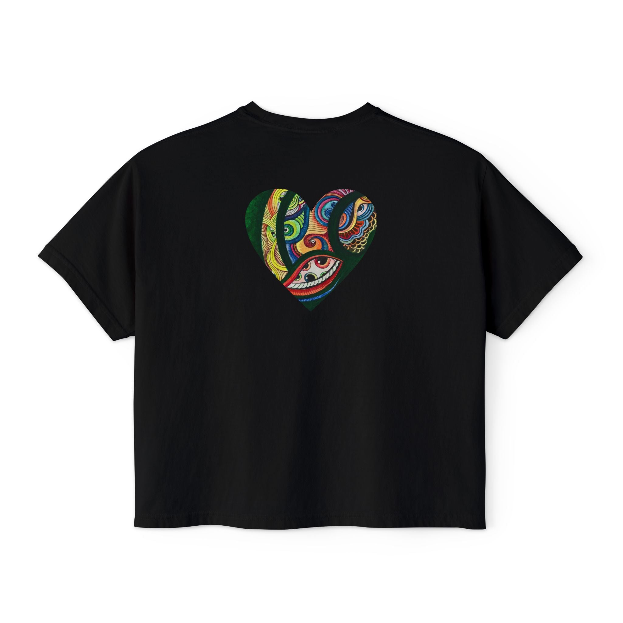 Women's Boxy Tee with Abstract Colorful Triangle (Front) & Heart (Back) Art — Casual Graphic Crop Top #hd9859