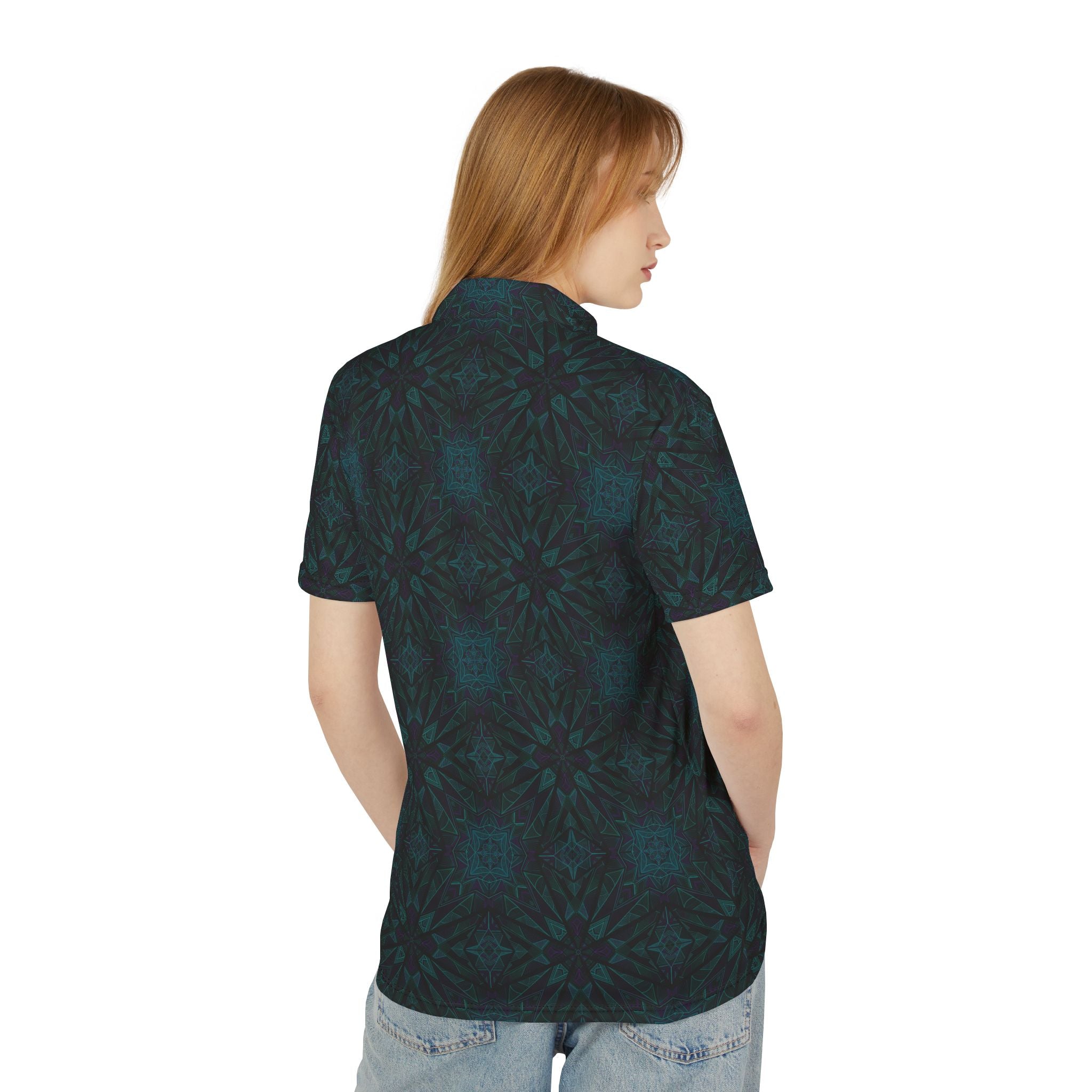 Men's Dark Teal Kaleidoscope Polo Shirt — All-Over Pattern Casual Golf Tee #f8628