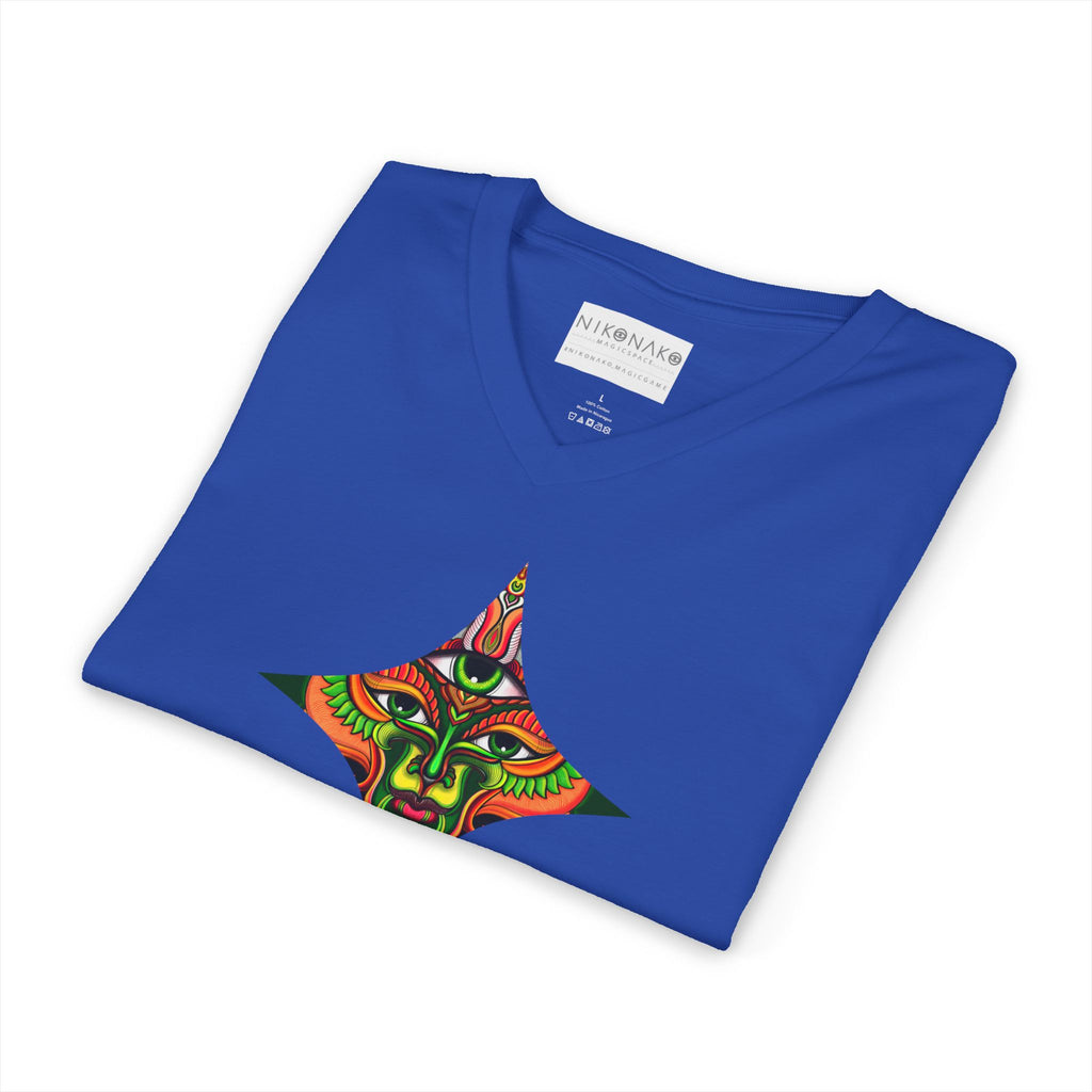 Tribal Mask Diamond Tee — Vibrant Ethnic Face Graphic V‑Neck T‑Shirt #hg 08656