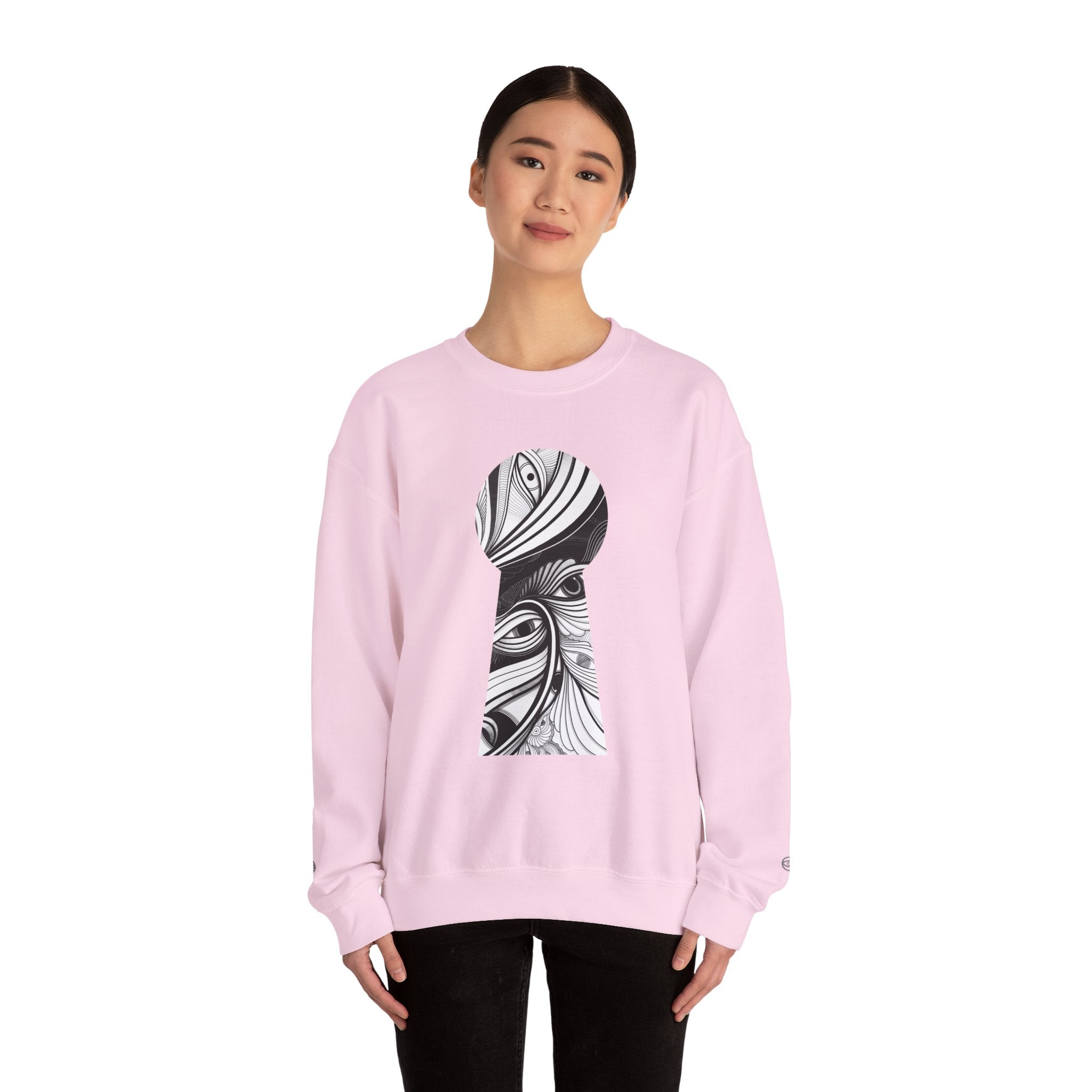 Crewneck Sweatshirt — Black & White Surreal Eye Keyhole Design #h5522168