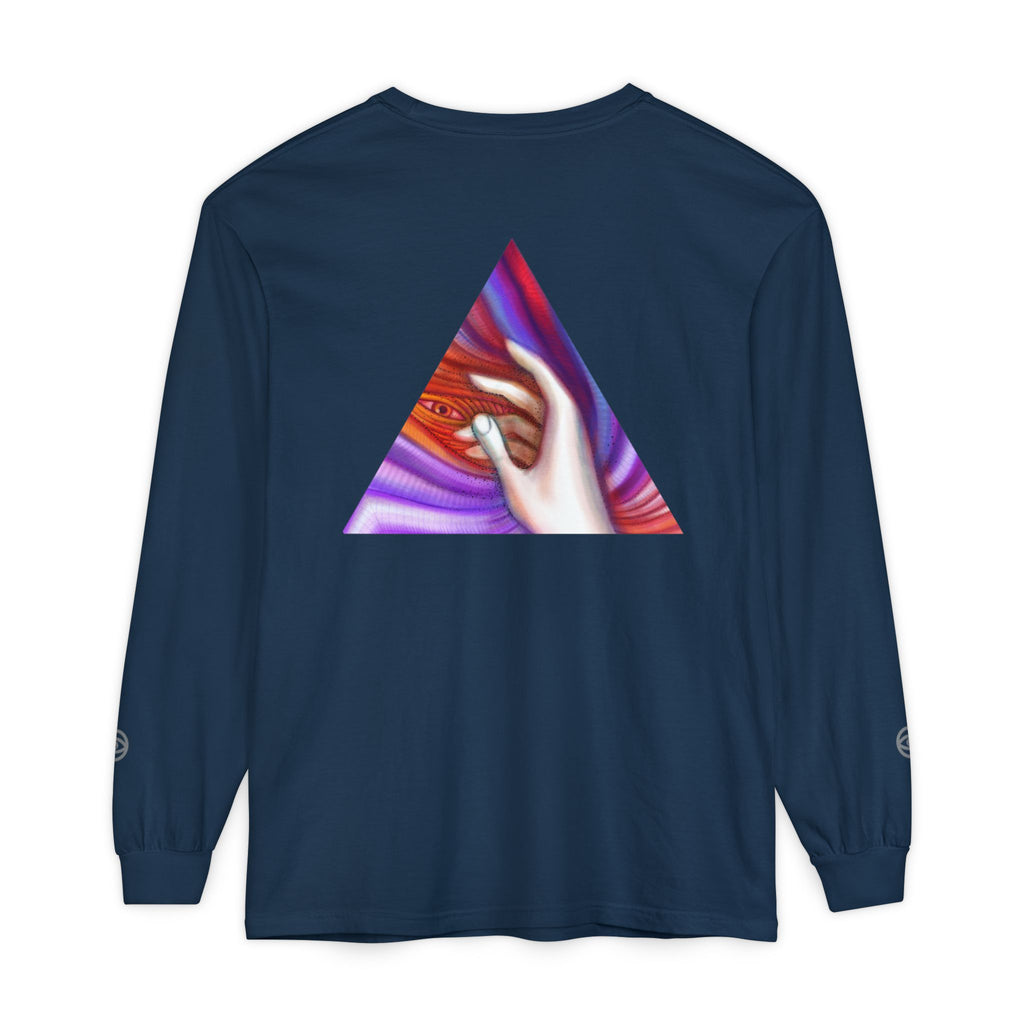Long Sleeve T-Shirt — Triangular Hand Art Graphic (White) #sh26774