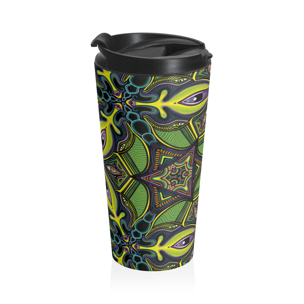 Green Psychedelic Floral Stainless Steel Travel Mug — Insulated Kaleidoscope Design