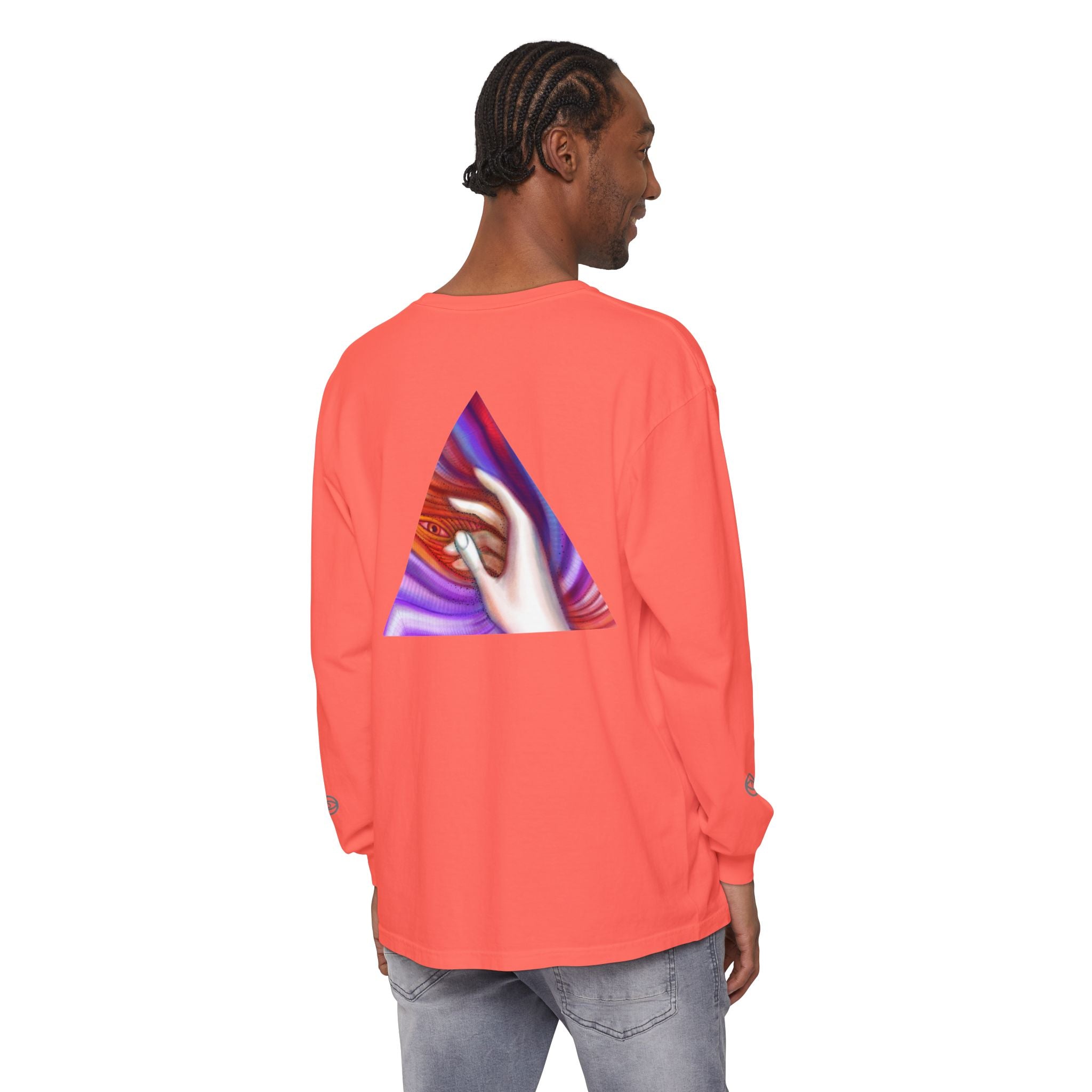 Long Sleeve T-Shirt — Triangular Hand Art Graphic (White) #sh26774