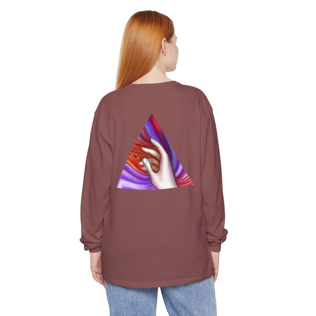 Long Sleeve T-Shirt — Triangular Hand Art Graphic (White) #sh26774