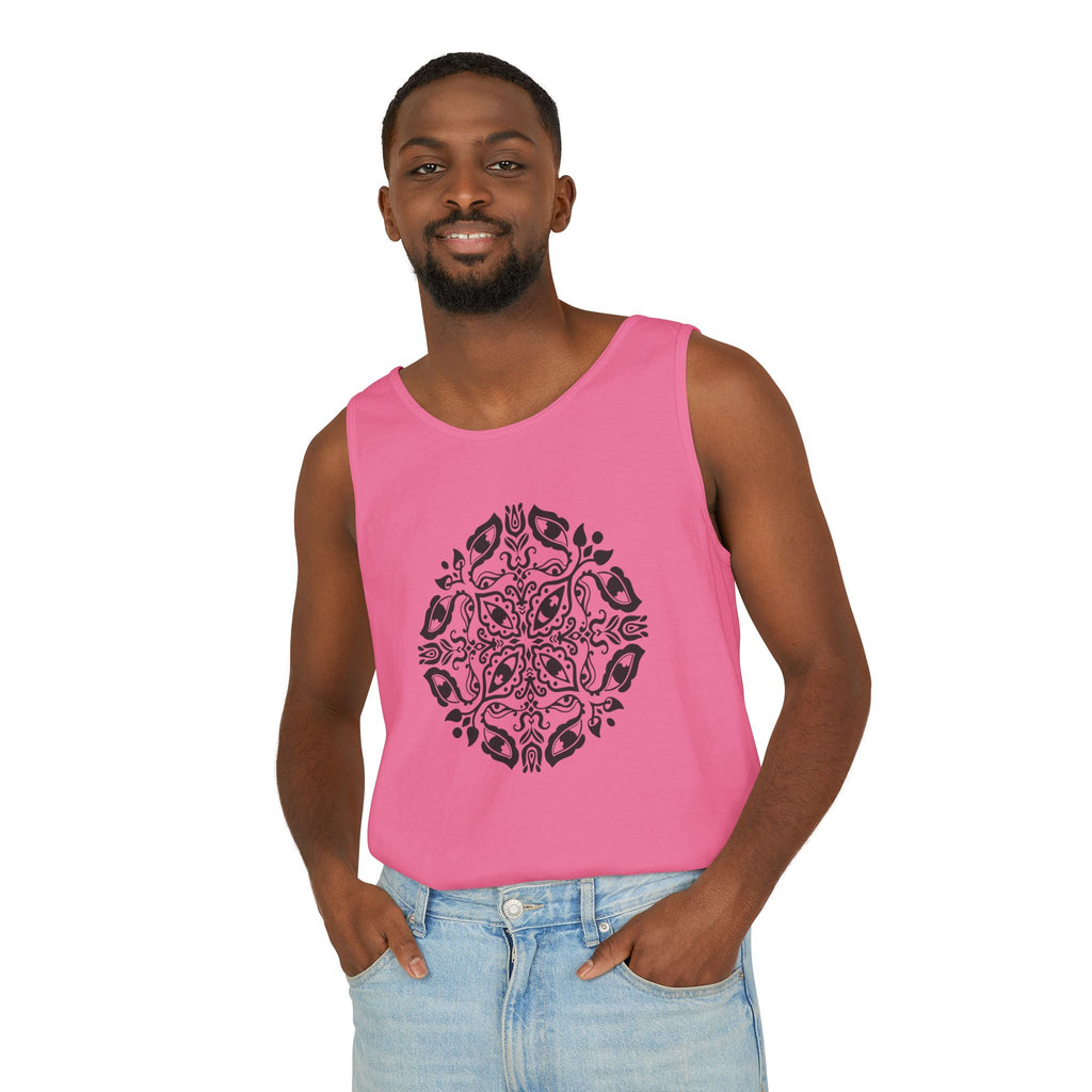 Boho Mandala Tank Top — Black Floral Circular Graphic Tank #fr3