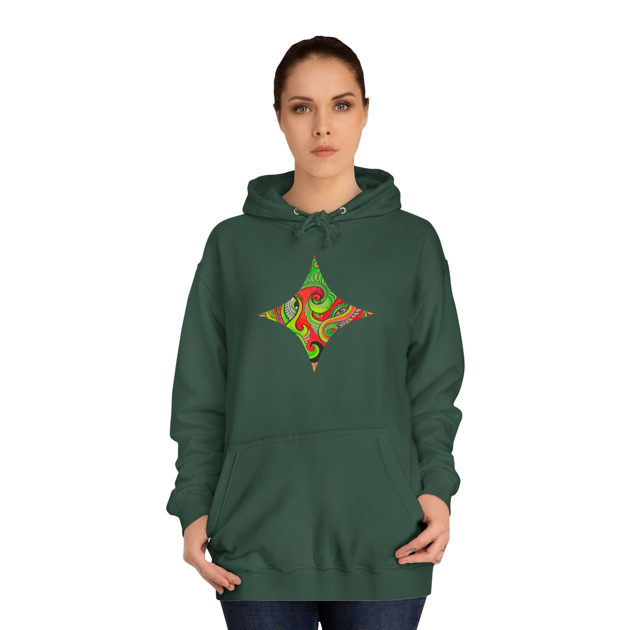 Psychedelic Swirl Hoodie — Retro Green & Red Abstract Graphic #f987456