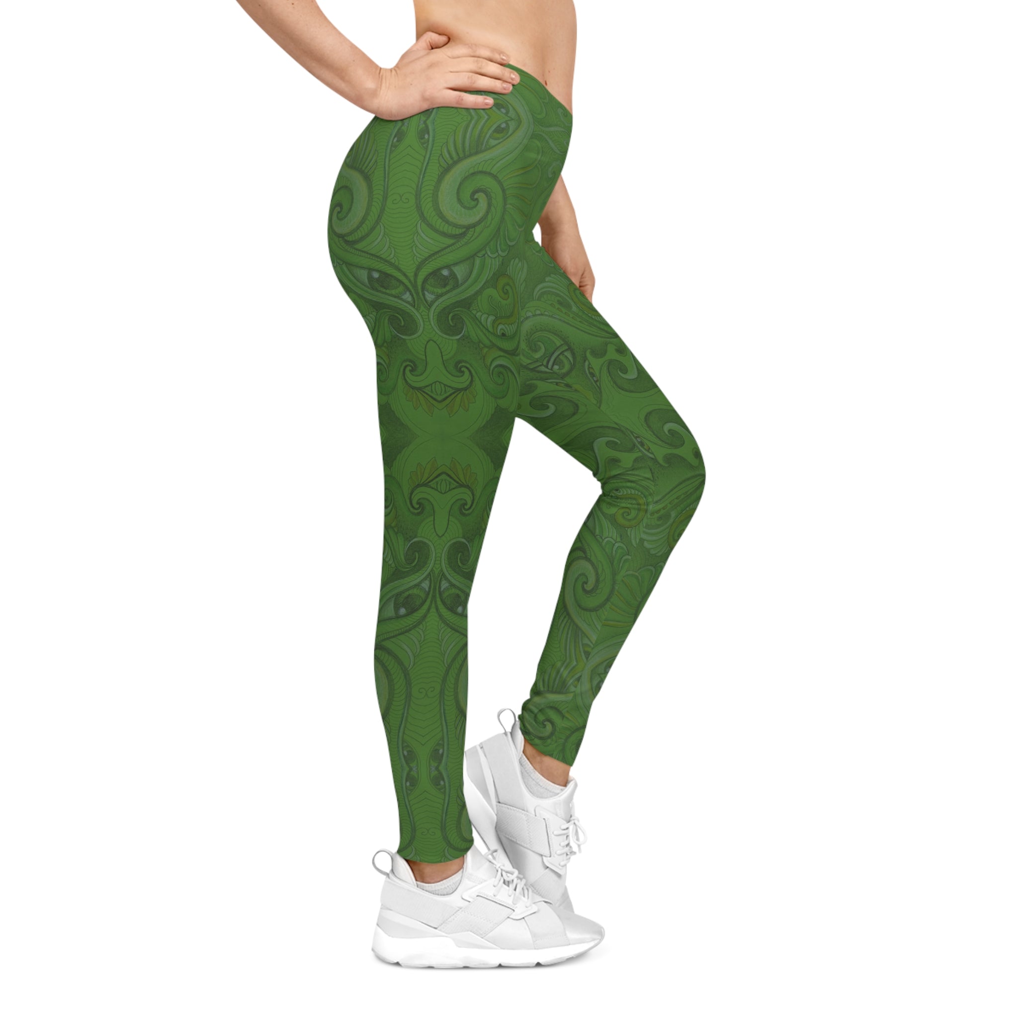 Psychedelic Kaleidoscope Leggings — Vibrant Green & Orange All-Over Print #fd984422