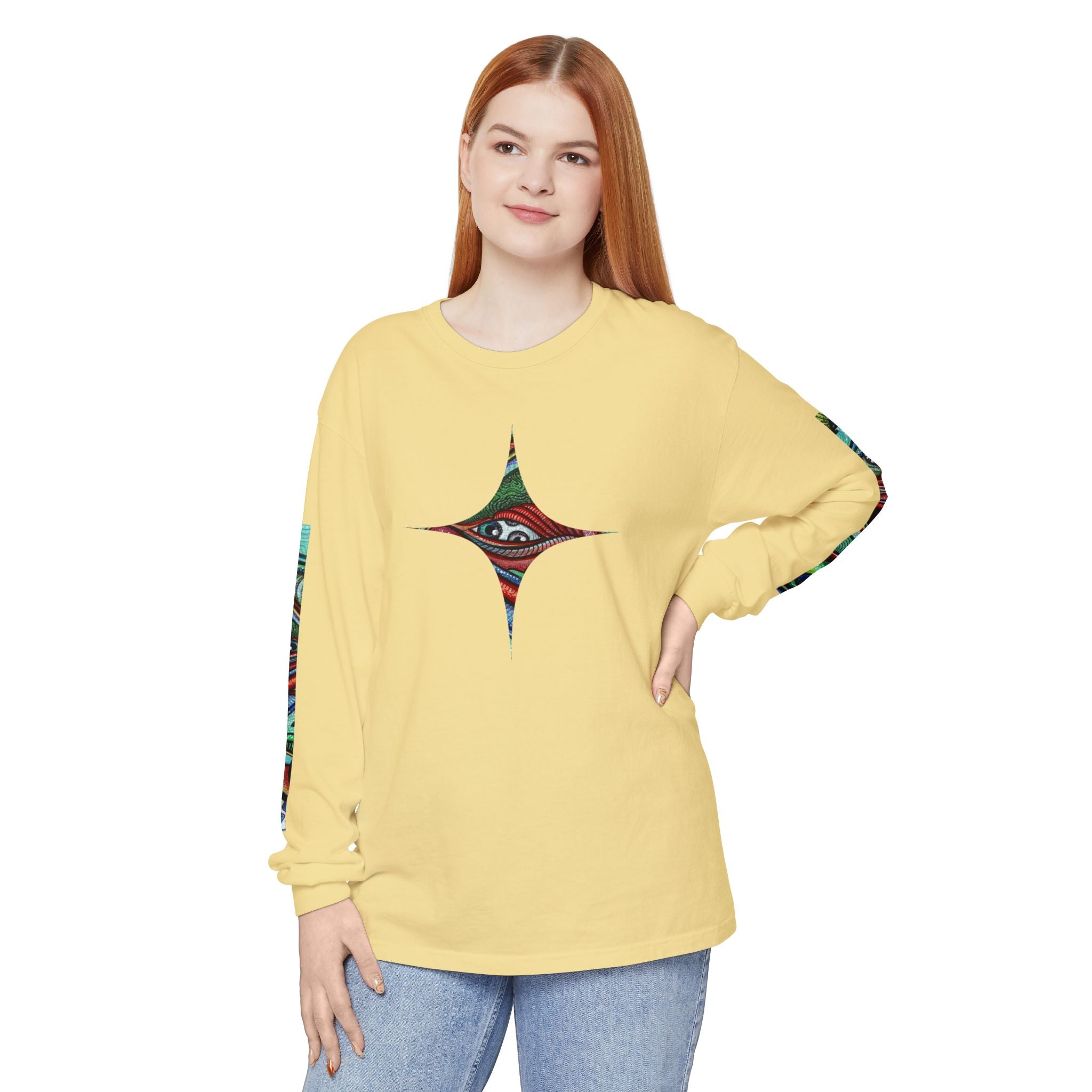Psychedelic Starburst Long Sleeve Tee — Colorful Eye & Sleeve Stripe Design #k976344