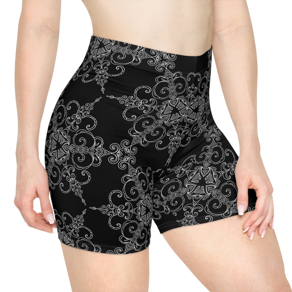 Mandala Lace Biker Shorts — Black Floral Kaleidoscope Women’s Activewear #g65467