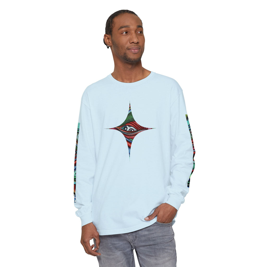 Psychedelic Starburst Long Sleeve Tee — Colorful Eye & Sleeve Stripe Design #k976344