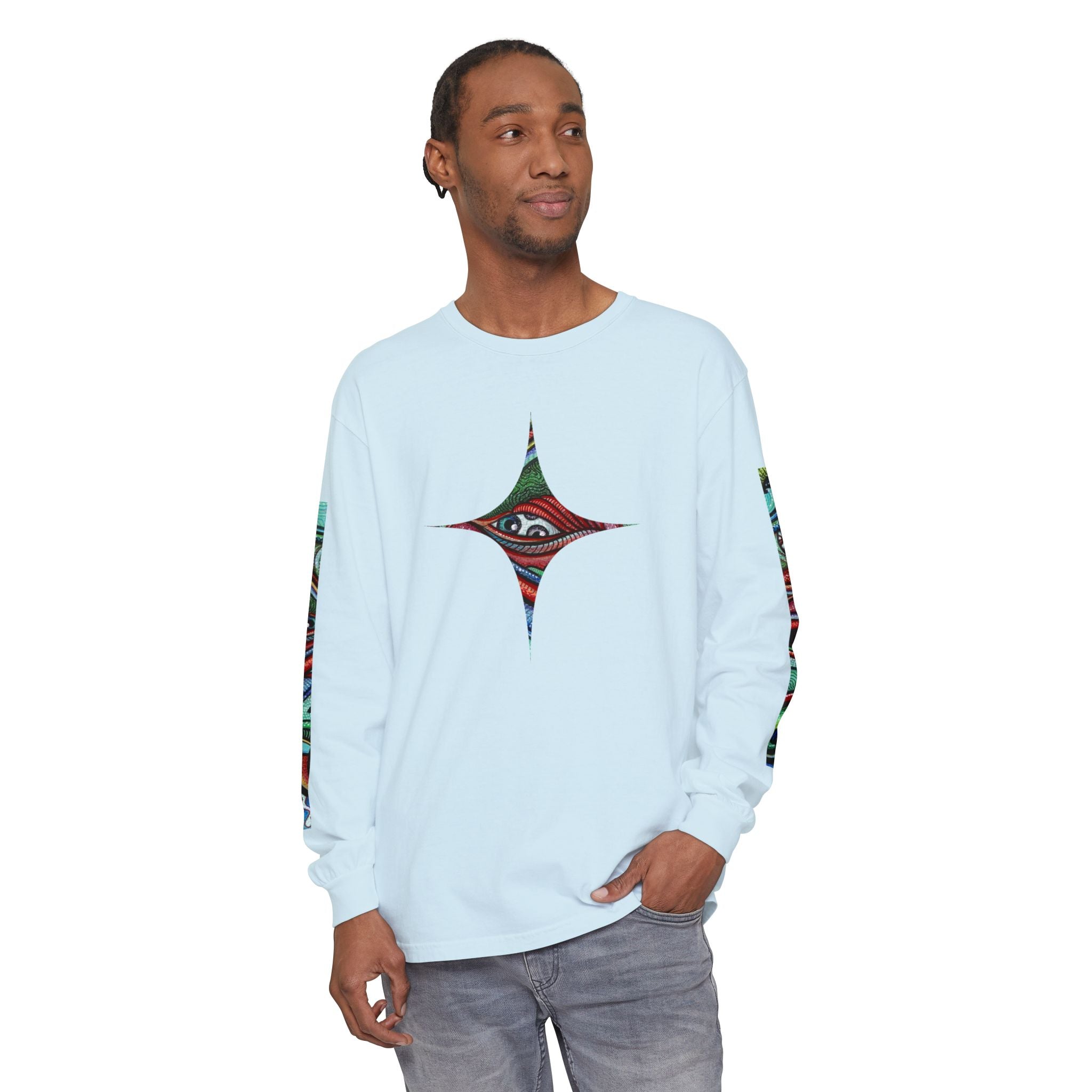 Psychedelic Starburst Long Sleeve Tee — Colorful Eye & Sleeve Stripe Design #k976344