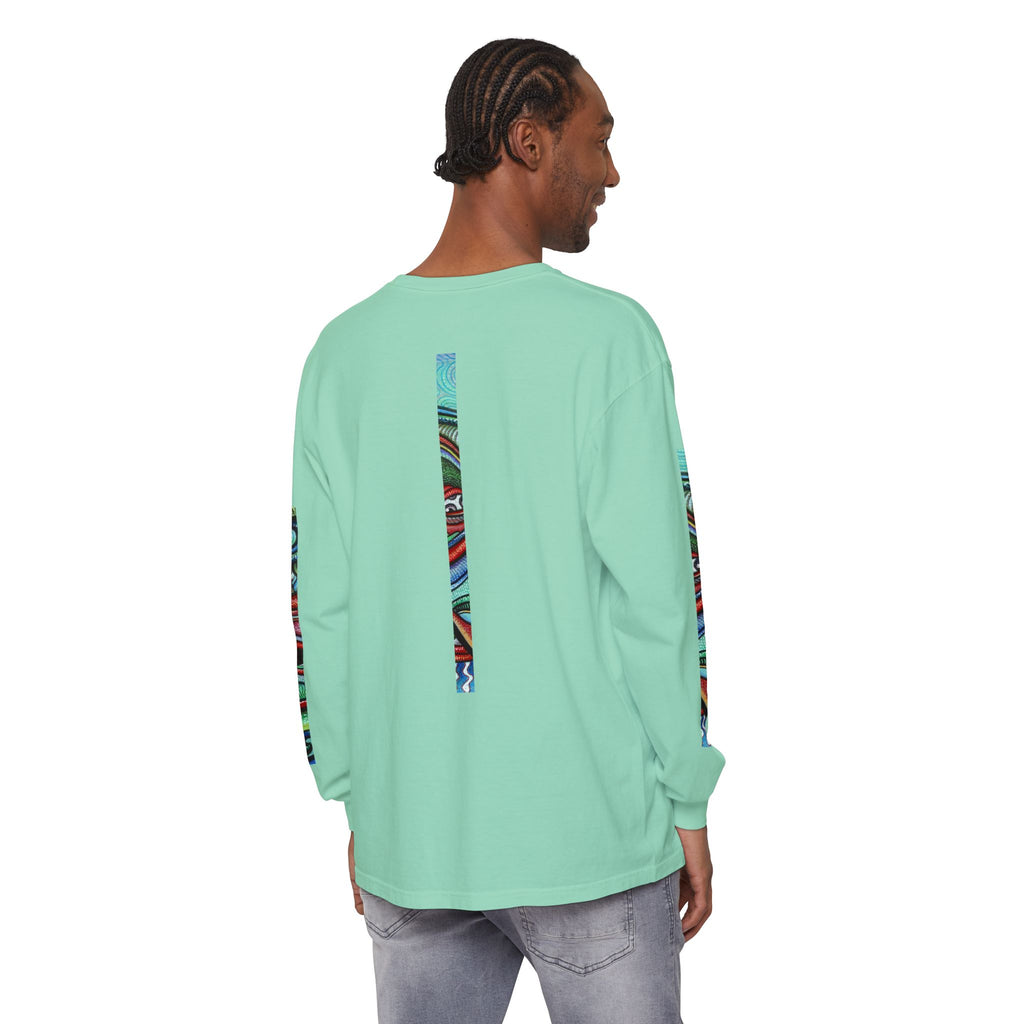 Psychedelic Starburst Long Sleeve Tee — Colorful Eye & Sleeve Stripe Design #k976344