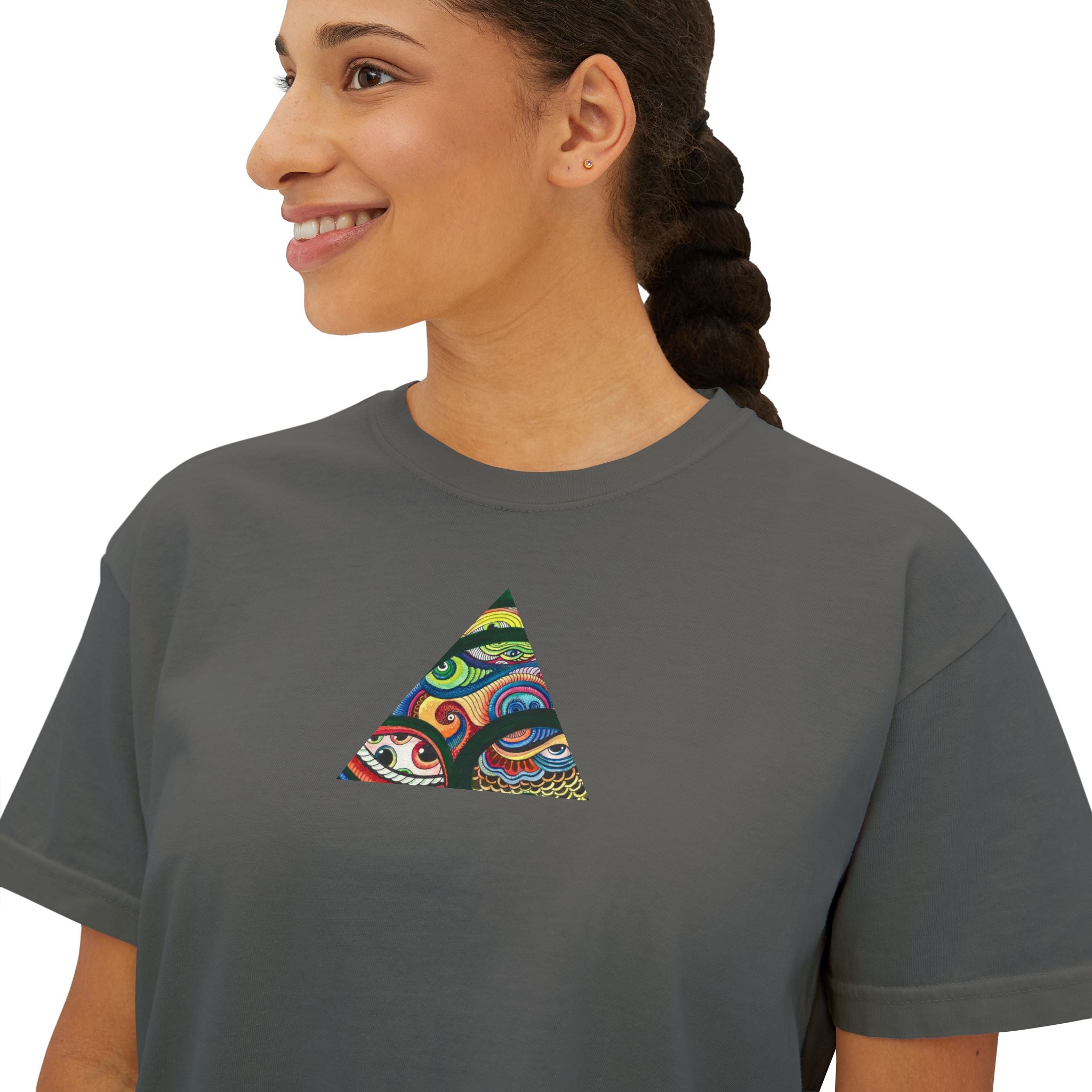 Women's Boxy Tee with Abstract Colorful Triangle (Front) & Heart (Back) Art — Casual Graphic Crop Top #hd9859