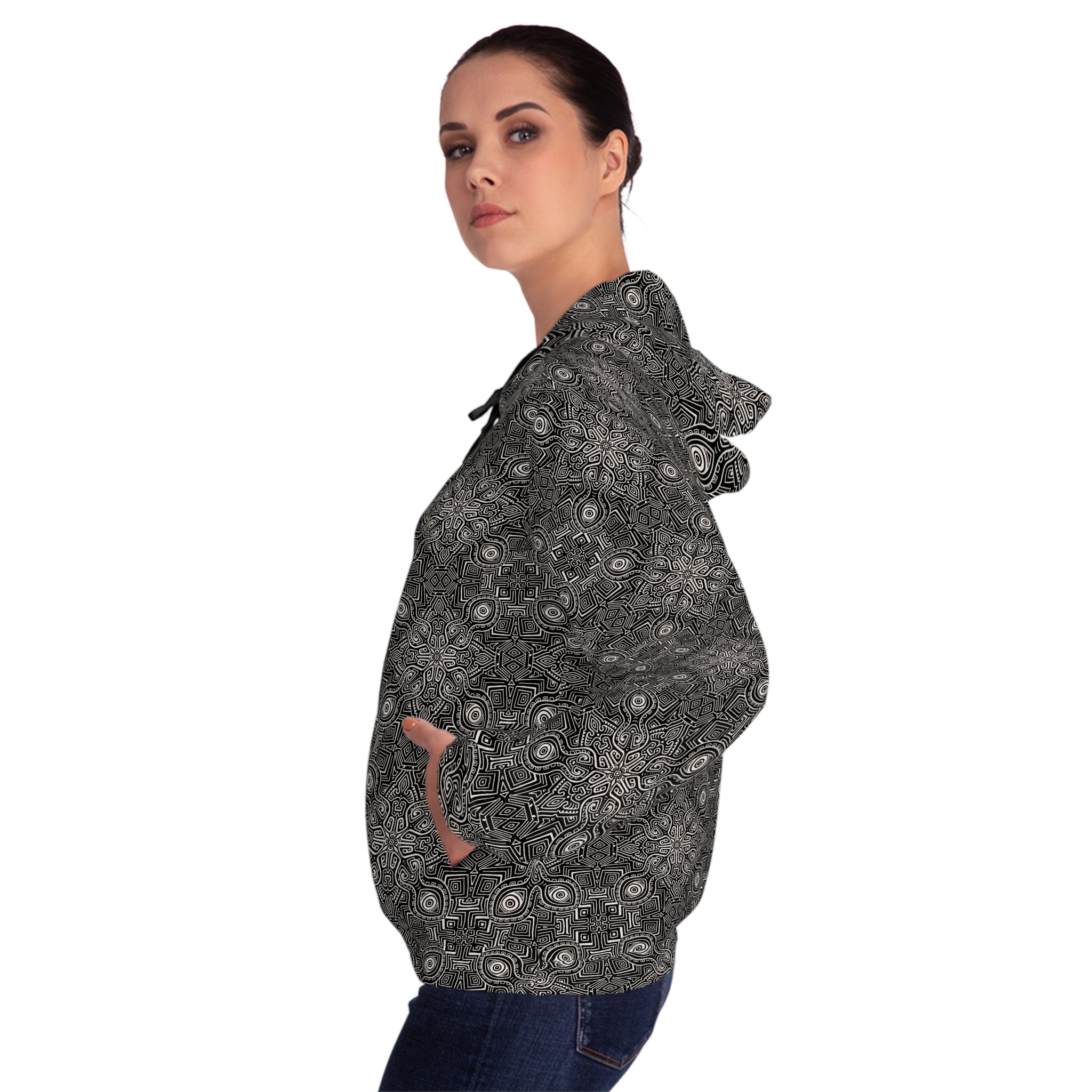 Patterned Women’s Zip Hoodie — Black Geometric All-Over Print #s2345522