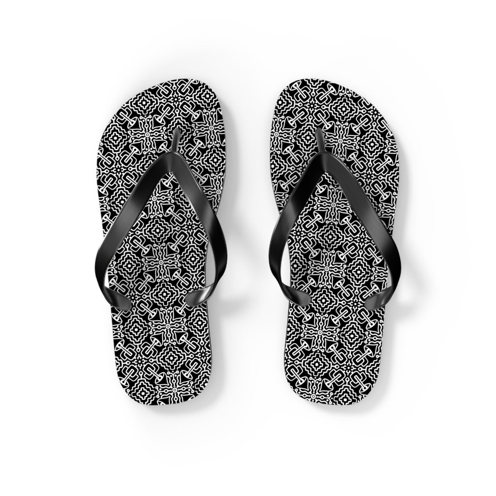 Monochrome Geometric Flip Flops — Black & White Aztec Pattern Beach Sandals #d98646