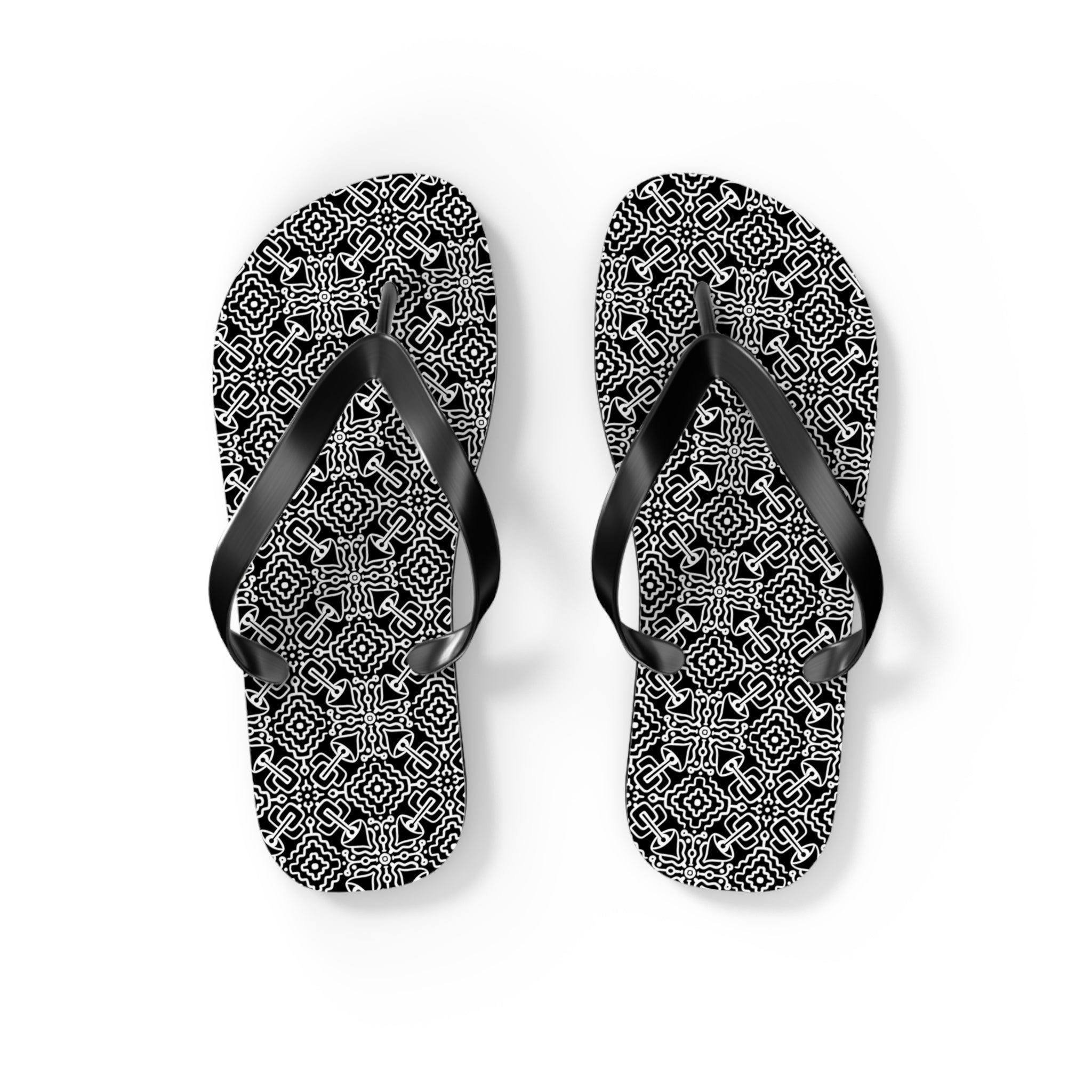 Monochrome Geometric Flip Flops — Black & White Aztec Pattern Beach Sandals #d98646