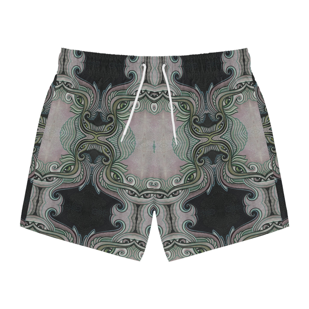 Retro Ornate Pattern Swim Trunks — Vintage Green & Pink All-Over Print #hd097532