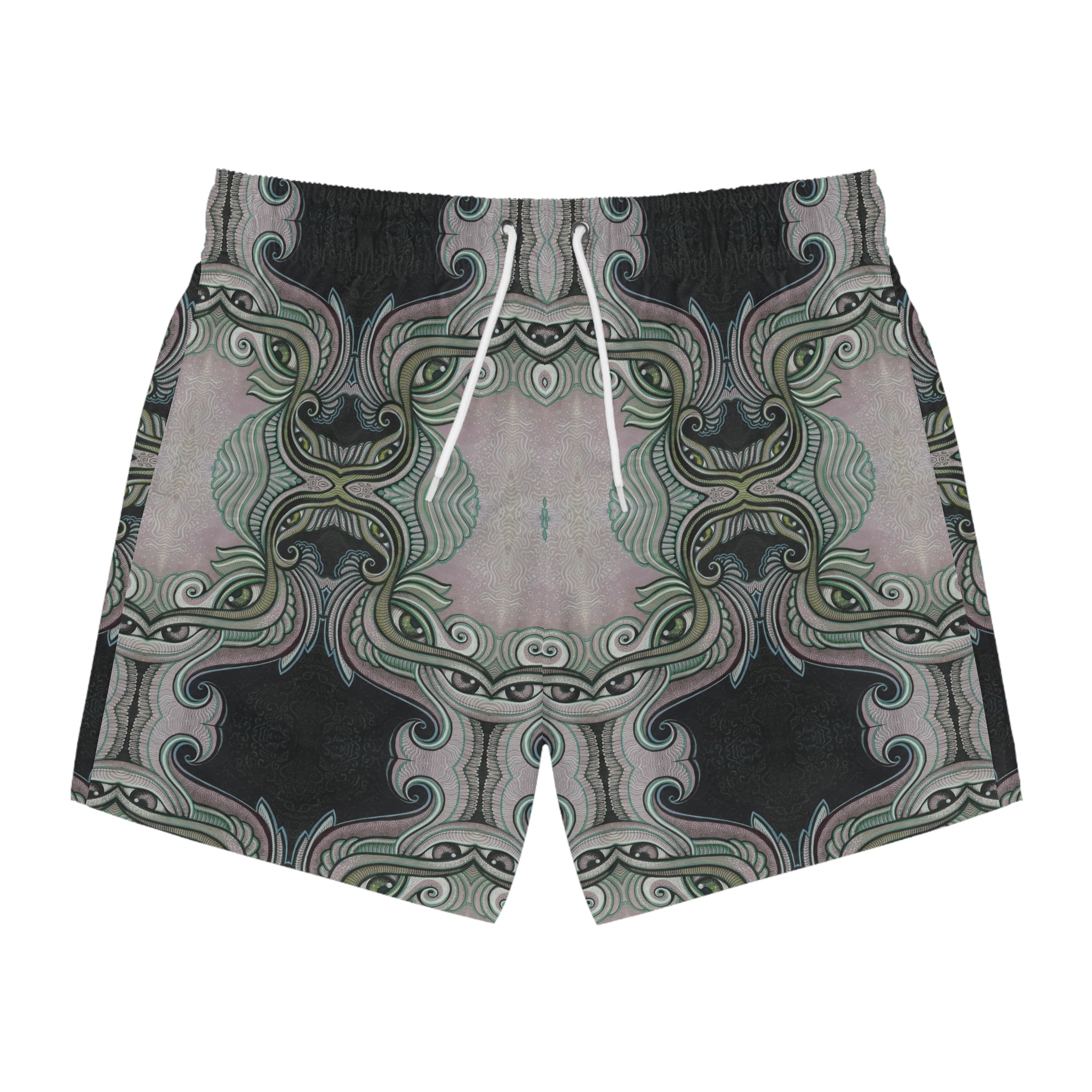 Retro Ornate Pattern Swim Trunks — Vintage Green & Pink All-Over Print #hd097532