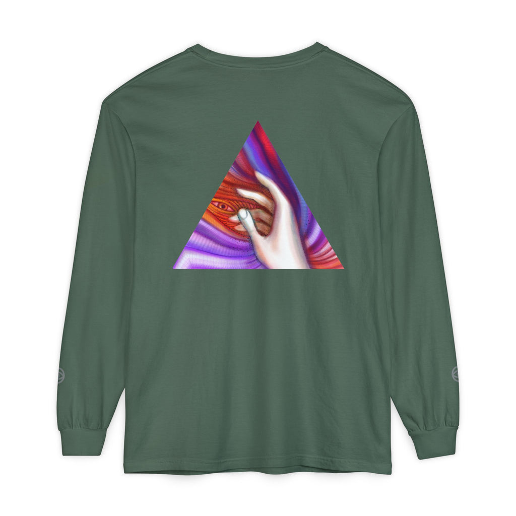 Long Sleeve T-Shirt — Triangular Hand Art Graphic (White) #sh26774