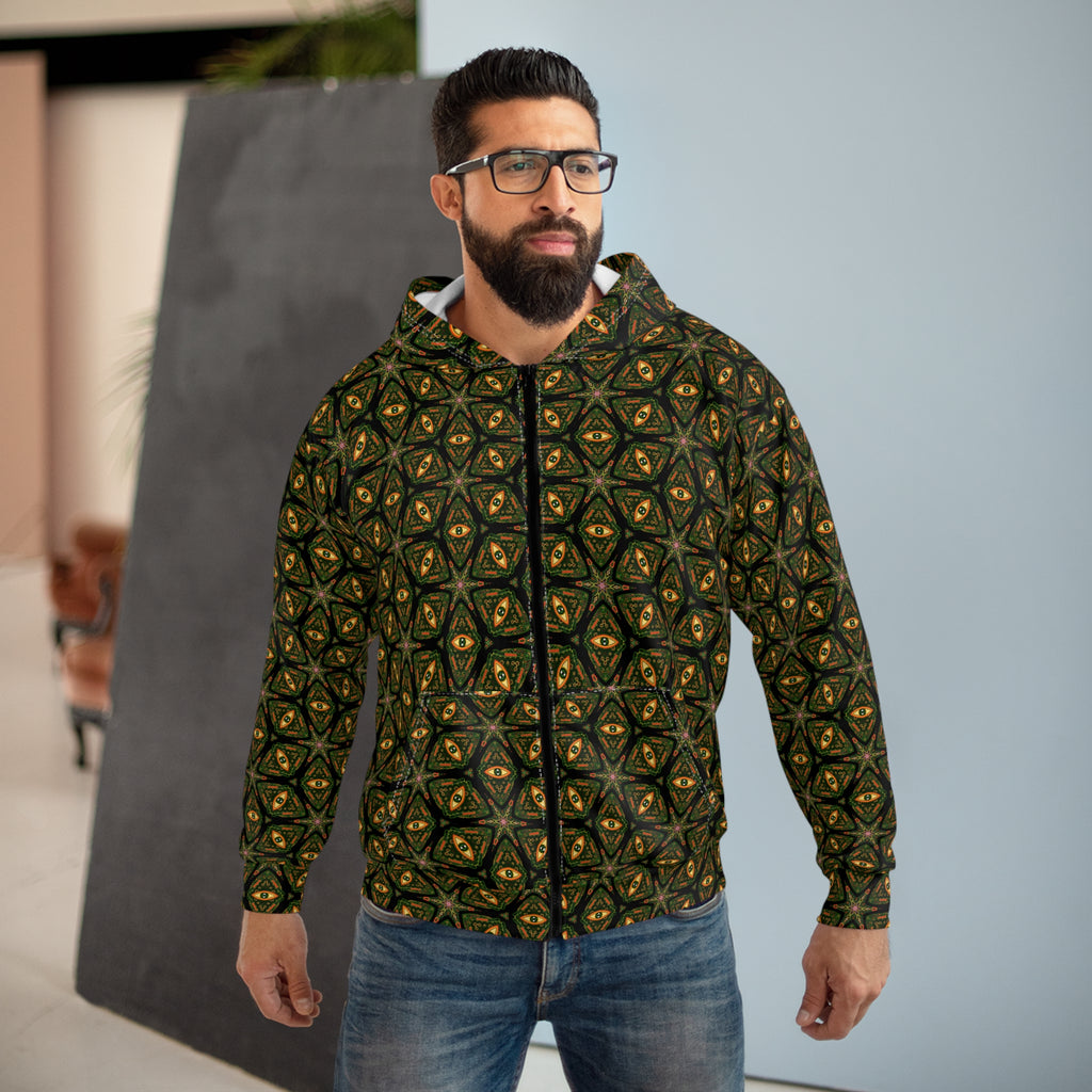 Kaleidoscope Geo Zip Hoodie — Olive Gold All-Over Print #u975567