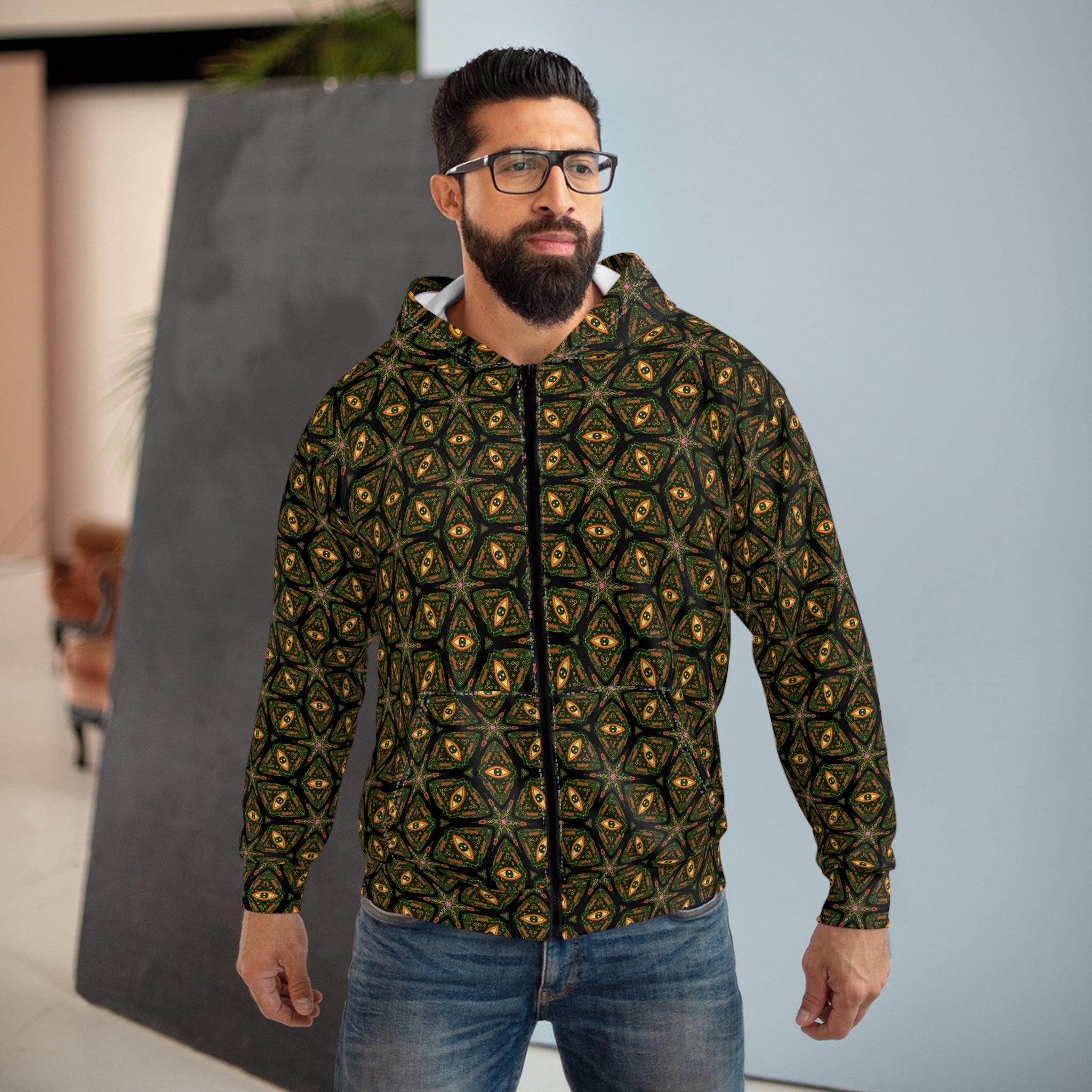 Kaleidoscope Geo Zip Hoodie — Olive Gold All-Over Print #u975567