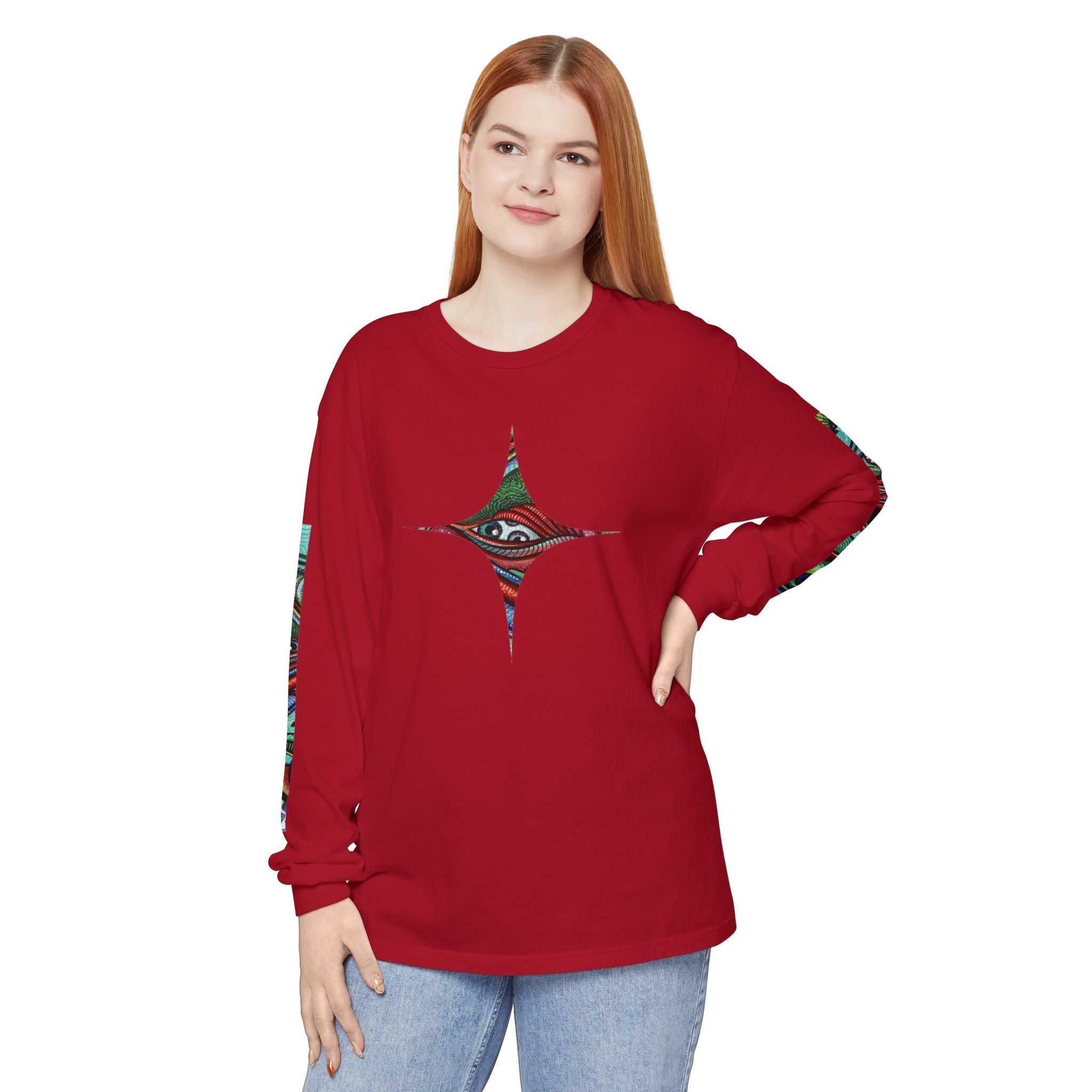 Psychedelic Starburst Long Sleeve Tee — Colorful Eye & Sleeve Stripe Design #k976344