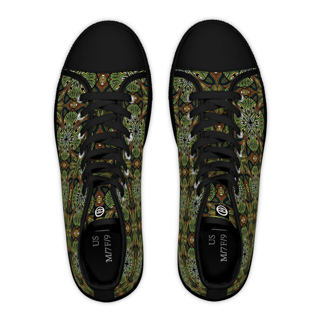 Green Kaleidoscope High Top Sneakers — Women's Floral Patterned Canvas Shoes #hff8440