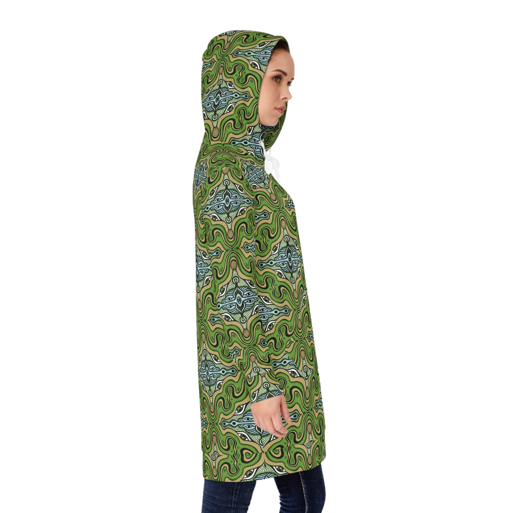 Green Kaleidoscope Hoodie Dress — All-Over-Print Boho Cozy Tunic #d13558765