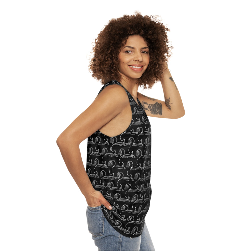 Ocean Wave Pattern Tank Top — Black Nautical All-Over Print #y43278