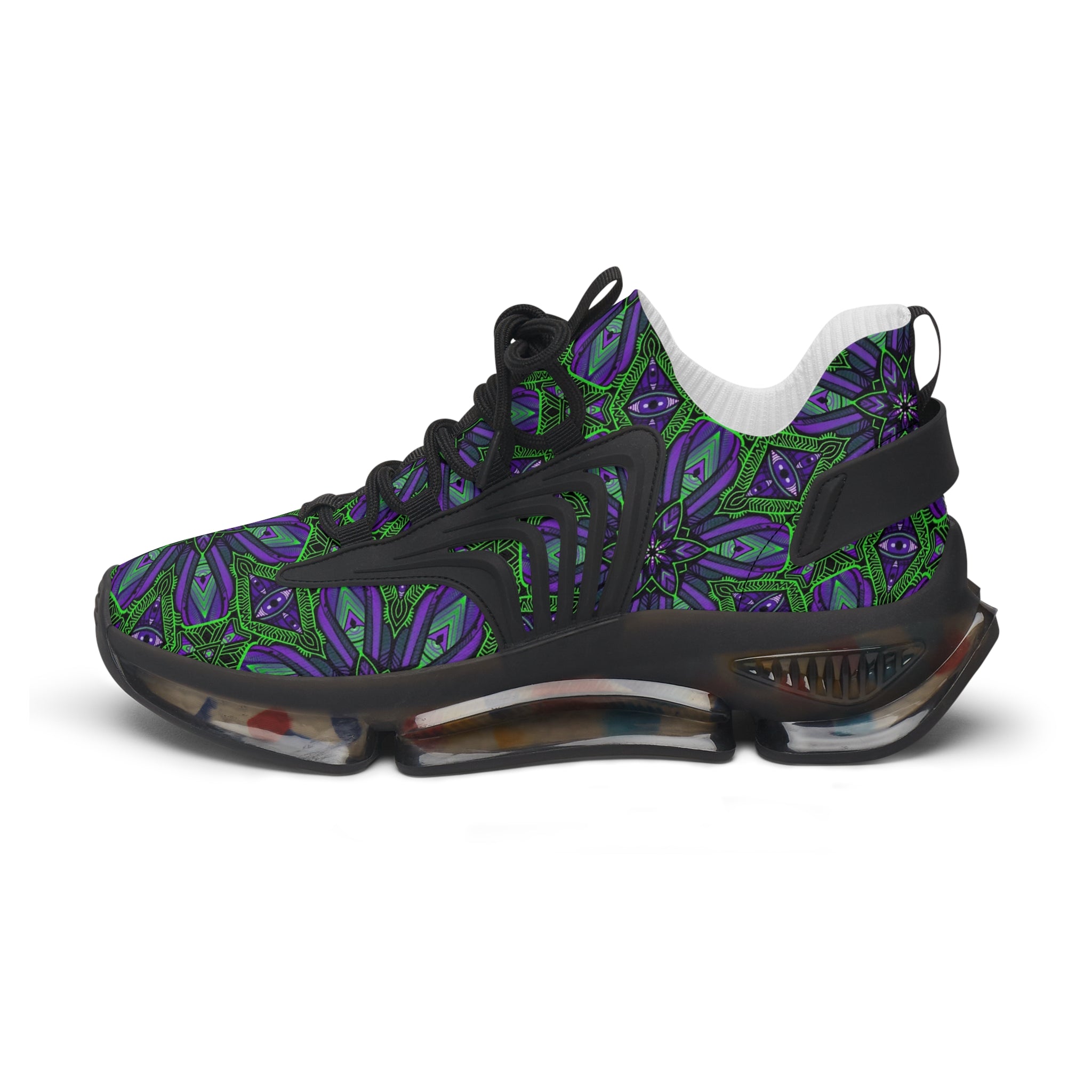 Women's Mesh Sneakers — Purple Green Kaleidoscope Floral Pattern. #it97007