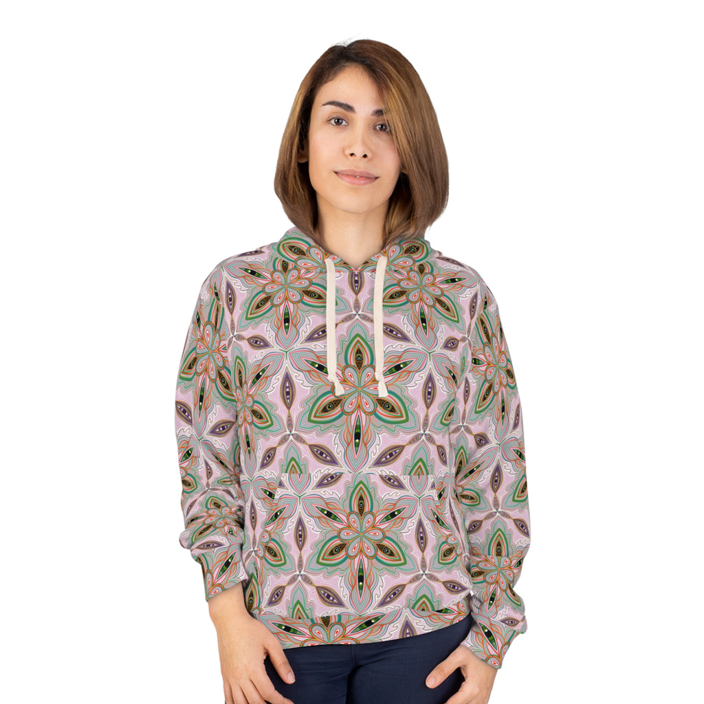 Pink Green Floral Kaleidoscope Hoodie — All-Over-Print Boho Pattern Pullover #as5682