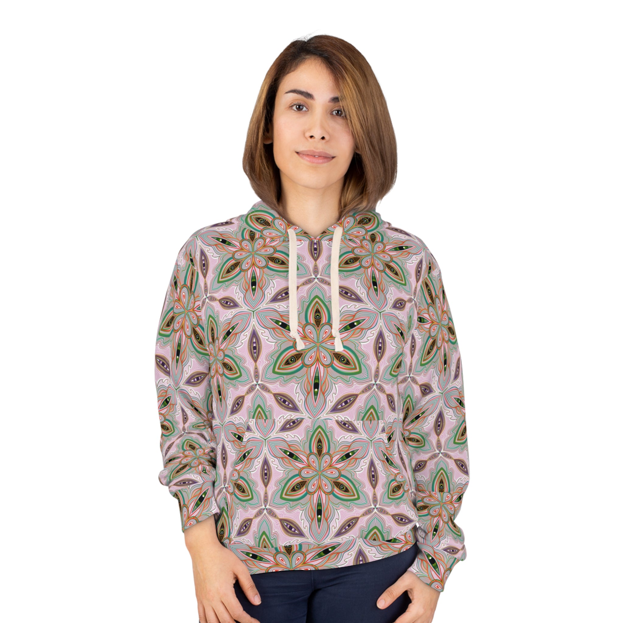 Pink Green Floral Kaleidoscope Hoodie — All-Over-Print Boho Pattern Pullover #as5682