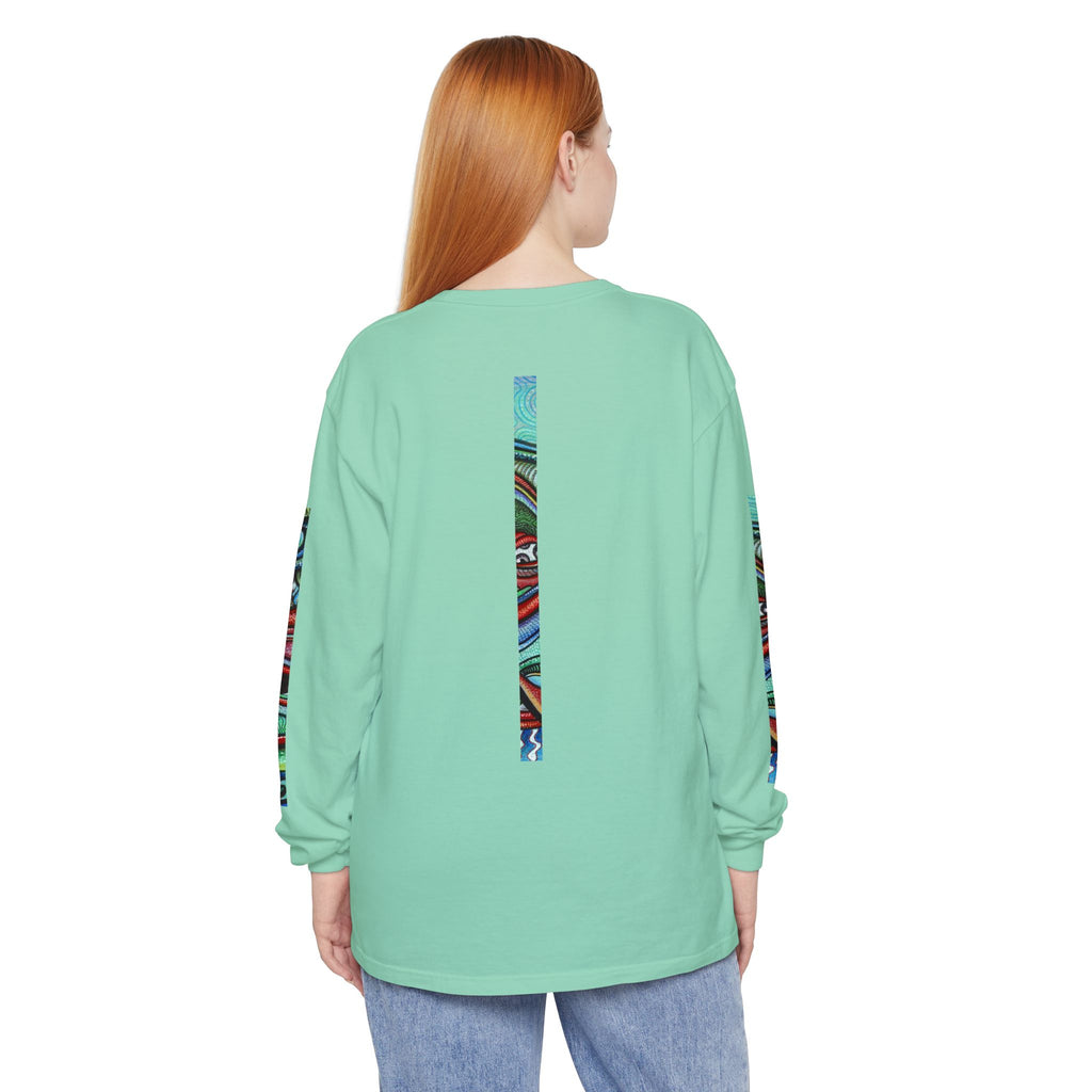 Psychedelic Starburst Long Sleeve Tee — Colorful Eye & Sleeve Stripe Design #k976344