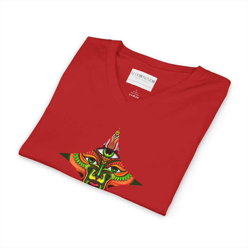 Tribal Mask Diamond Tee — Vibrant Ethnic Face Graphic V‑Neck T‑Shirt #hg 08656