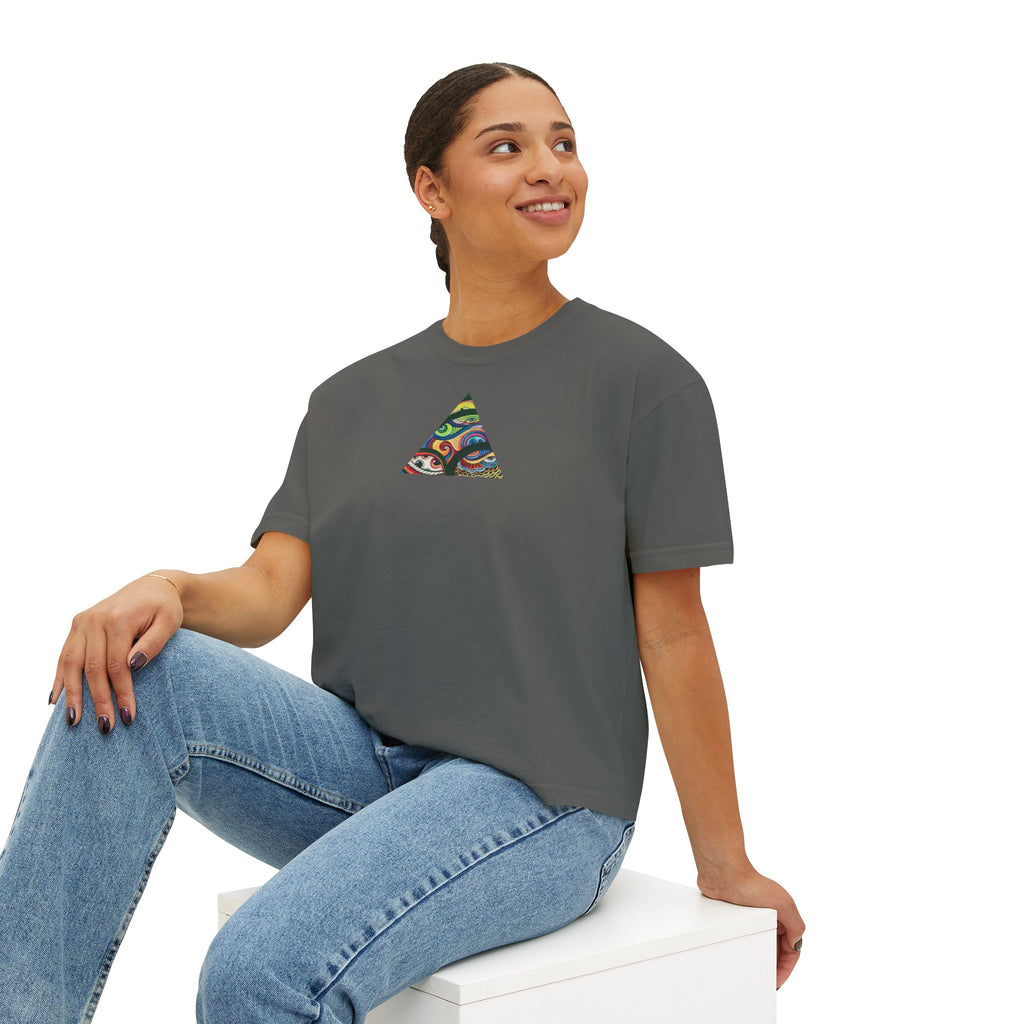Women's Boxy Tee with Abstract Colorful Triangle (Front) & Heart (Back) Art — Casual Graphic Crop Top #hd9859