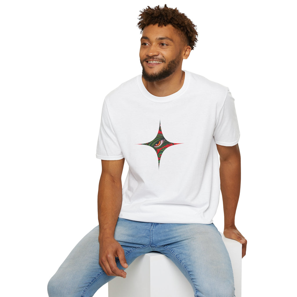 Geometric Tribal Eye Tee — Abstract Red & Green Triangle Graphic T-Shirt #sx432177