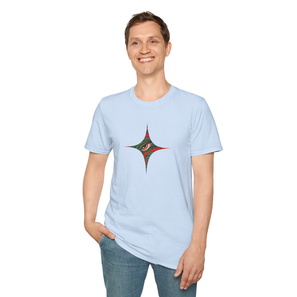 Geometric Tribal Eye Tee — Abstract Red & Green Triangle Graphic T-Shirt #sx432177