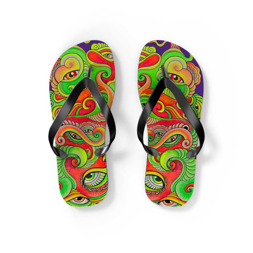 Psychedelic Eye Pattern Flip Flops — Colorful Trippy Summer Sandals #s873455211