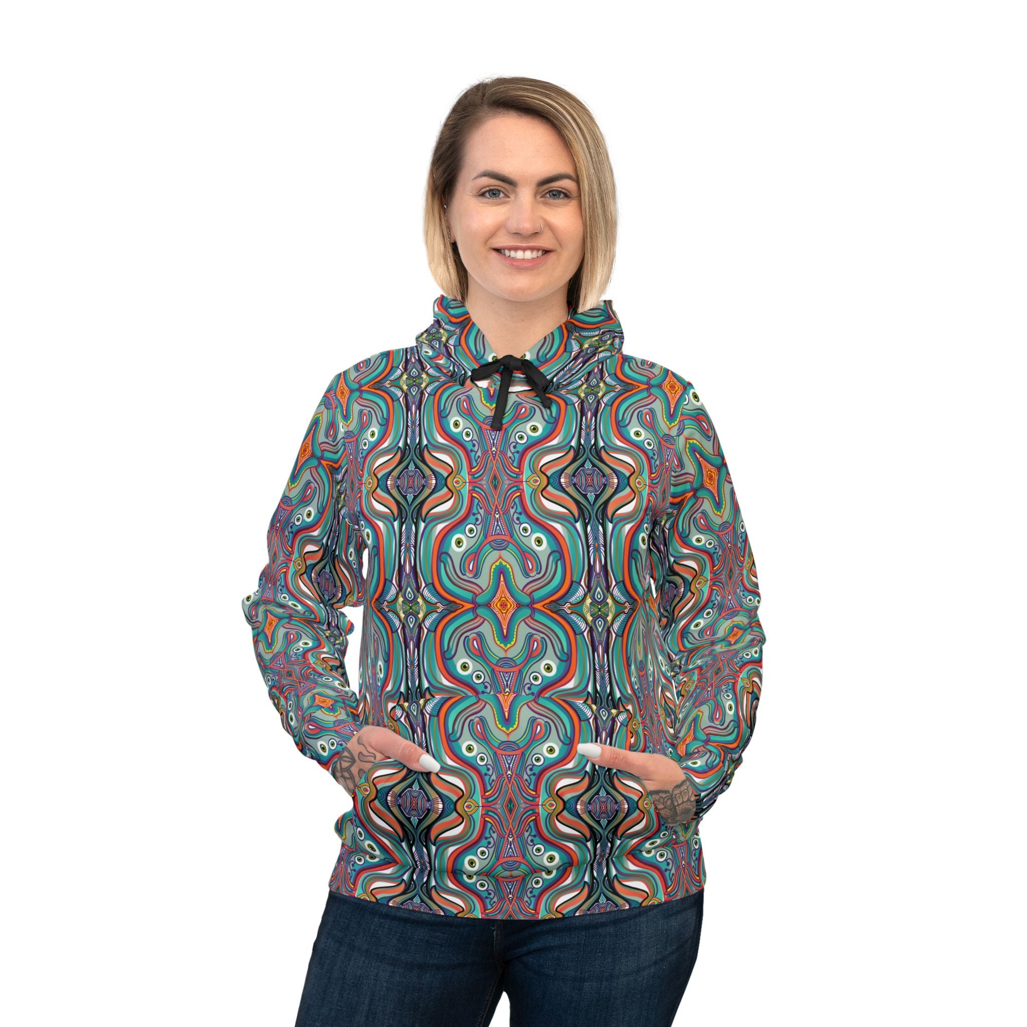 Psychedelic Pattern Athletic Hoodie — Colorful Symmetrical AOP Design #gf87654