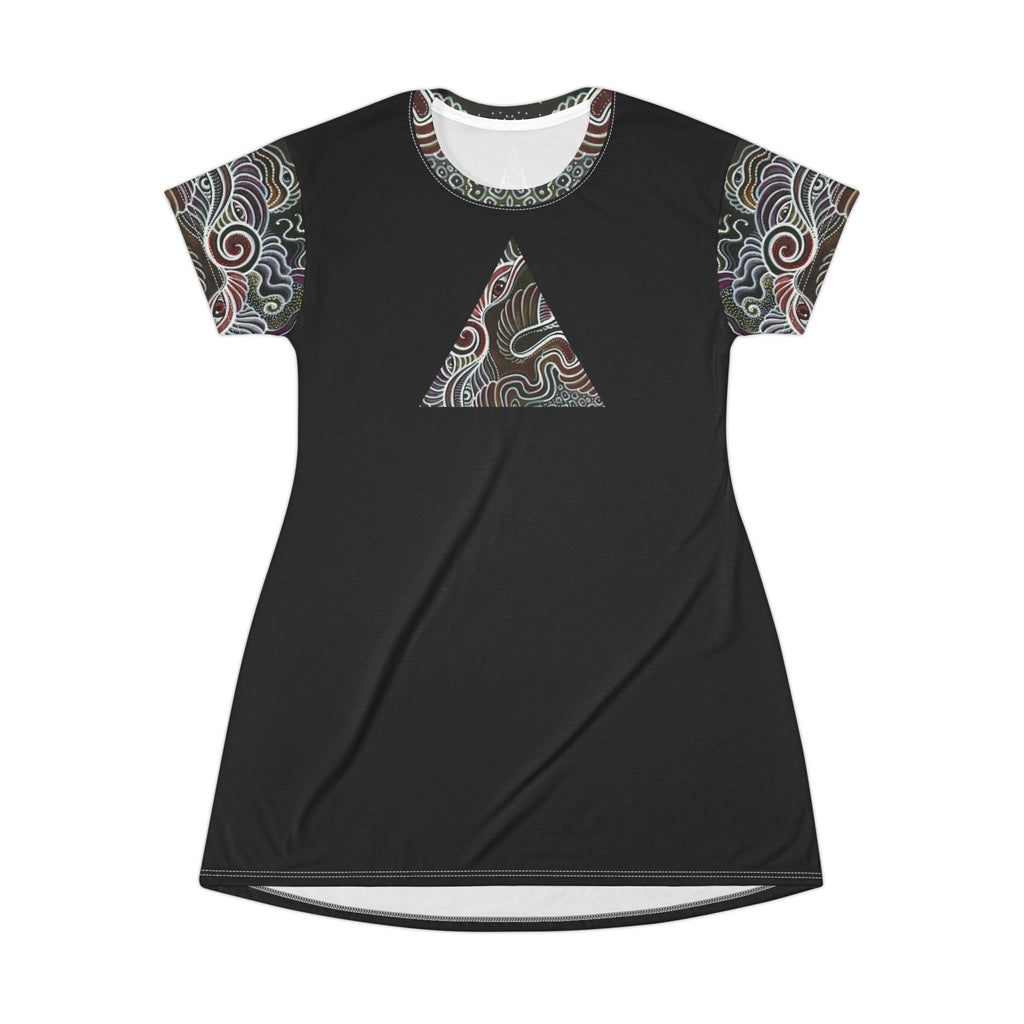 Bohemian Triangle T-Shirt Dress — Black Geometric AOP Pattern #bg5429