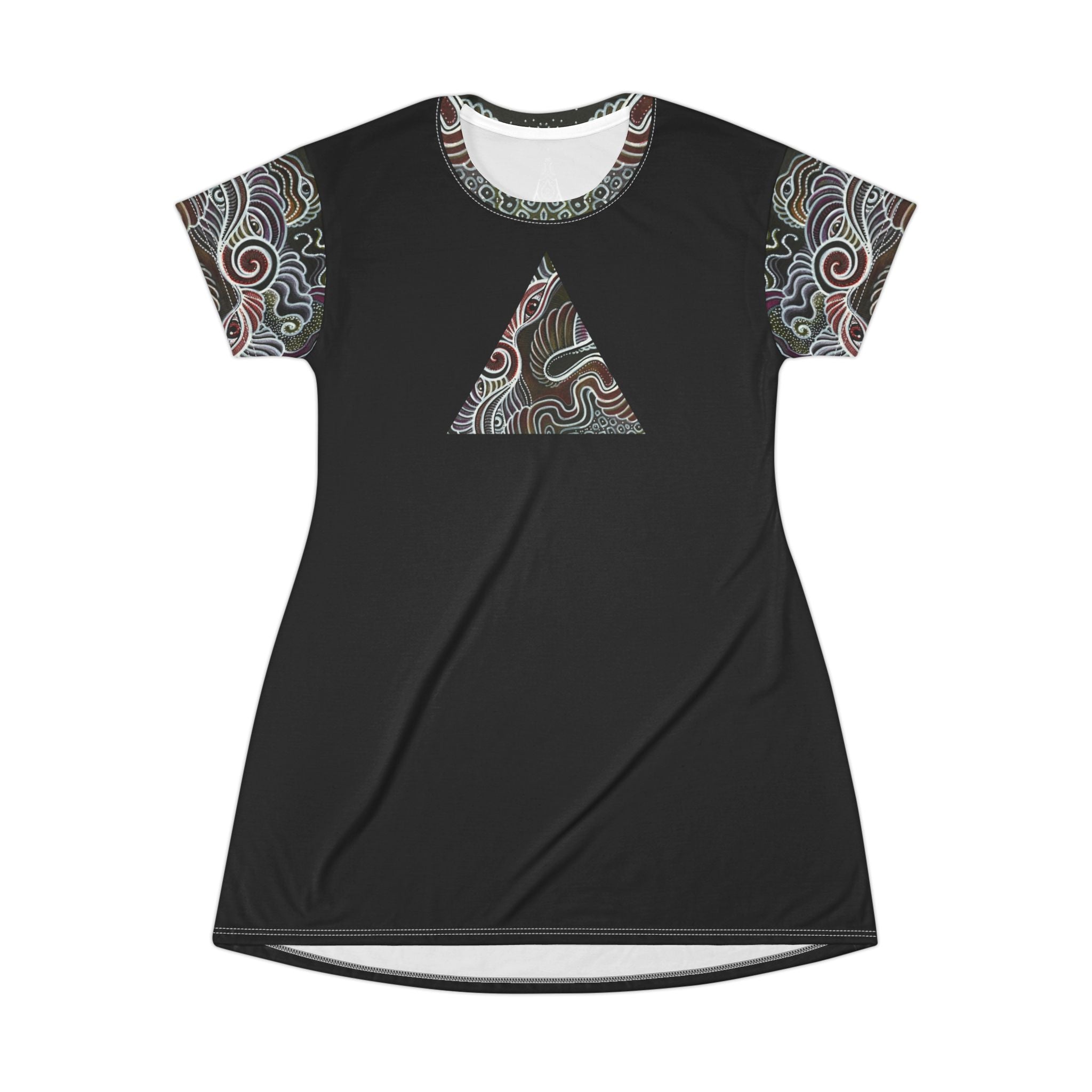 Bohemian Triangle T-Shirt Dress — Black Geometric AOP Pattern #bg5429