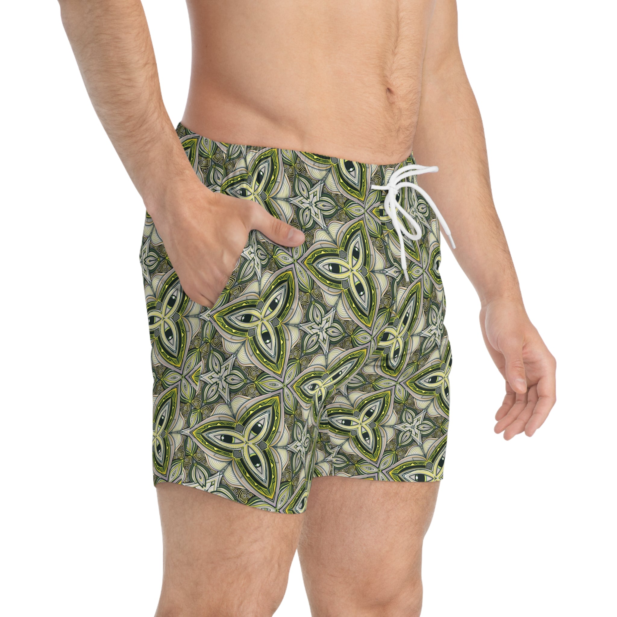 Green Celtic Tile Swim Trunks — All-Over-Print Patterned Beach Shorts #r332216